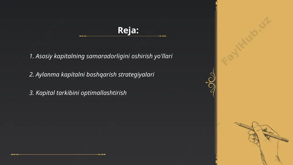 qaratilgan jarayondir. bu jarayon qarzning arzonroq moliyalashtirish manbai sifatida ko'plab soliqlarni tejash imkoniyatini, shuningdek, yuqori qarz darajalarining risklarini muvozanatlashni talab qiladi. masalan, bir kompaniya qarz kapitalining 40% va aksiyalar kapitalining 60% strukturasini tanlashi mumkin, chunki bu tuzilma o'rtacha xarajatlarni minimallashtiradi va kompaniyaning umumiy risk darajasini maqbul darajada ushlab turadi. shu bilan birga, kapital tarkibini optimallashtirish orqali kompaniyaning bozor qiymatini oshirishga erishish ham mumkin. ... t.me/slaydai_bot 4. aylanma aktivlarning aylanish tezligini oshirish aylanma aktivlarning aylanish tezligini oshirish, korxonaning samaradorligini oshirishga yordam beradi. tezlikni oshirish uchun zaxiralarni optimallashtirish, ishlab chiqarish jarayonlarini takomillashtirish va sotuvlarni tezlashtirish lozim. masalan, ishlab chiqarish vaqtini 20% kamaytirish, zaxiralarni 15% kamaytirish, shuningdek, muddatli to'lovlarni 10% yaxshilash mumkin. natijada, har bir 50 ming so'mlik aylanma aktiv aylanishida qo'shimcha daromad olinishi mumkin. yana bir yo'l sifatida, mijozlar bilan ishlashni kuchaytirish orqali sotuv miqdorini 25% oshirish mumkin. aylanma aktivlar foydasi oshsa, bu korxona rentabelligini sezilarli darajada yaxshilaydi. ... t.me/slaydai_bot investitsion qarorlarning …
