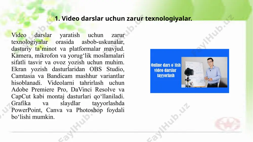 iqlash zarur. bu darsning natijalari aniq bo‘lishi va o‘quvchilarga qanchalik ta’sir qilishini ko‘rsatishi kerak. o‘quvchilarning o‘zlashtirishini baholash. dars davomida o‘quvchilarning qanchalik bilim olganini tekshirish usullarini rejalashtirish. bu sinovlar, amaliy mashqlar yoki guruh ishlari orqali amalga oshirilishi mumkin. darsning tuzilishini belgilash. darsni qanday boshlash, o‘rgatish jarayonini qanday olib borish va qanday tugatishni belgilash kerak. o‘quvchilarning faol ishtirokini ta’minlash va darsning samaradorligini oshirish uchun har bir qadamni rejalashtirish muhimdir. 3. videoni yozib olish va montaj qilish. videoni yozib olish yaxshi sifatli video olish uchun to‘g‘ri kamera yoki qurilmadan foydalanish zarur yoritish va kompozitsiyani e’tiborga olish kerak shuningdek ovoz sifatini ham tekshirish muhimdir yozuvni boshlashdan oldin kamera yoki mobil qurilmada joylashishni va kadrni sozlashni unutmang montaj qilish yozilgan videoni tahrir qilish jarayoni videoning uzunligini qisqartirish keraksiz qism va xatoliklarni olib tashlashni shuningdek videoga vizual va ovozli effektlar qo‘shishni o‘z ichiga oladi montaj uchun professional dasturlar masalan adobe premiere pro yoki final cut pro …