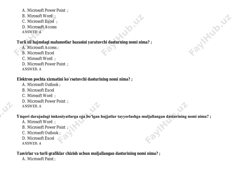 answer: a word da mavjud faylni boshqa nom bilan saqlash uchun qaysi buyruqdan foydalaniladi?; a. сохраныт как...; b. создат ; c. открыт d. сохраныт ; answer: a word da yangi sahifa ochish uchun qaysi buyruqdan foydalaniladi? ; a. создат ; b. открыт c. сохраныт ; d. сохраныт как...; answer: a найти va заменит buyrug`i qanaqa vazifani bajaradi? ; a. matnni izlash va o’zgartirish uchun ; b. maxsus simvollarni kiritish uchun ; c. sahifa o’lchamlarini o’rnatish uchun ; d. faylni qancha xajmi borligini ko’rish uchun answer: b noto’g’ri harakatni bekor qilish uchun qaysi menyudan foydalaniladi?; a. правка; b. вид; c. вставка d. файл; answer: a hujjatga фон berish uchun qaysi menyudan foydalaniladi?; a. правка; b. вид; c. вставка d. файл; answer: a рабочий стол paneli nima vazifani bajaradi?; a. ko’p qo`llaniladigan dasturlarning yorliqlari turadi; b. bajarayotgan ishlarimizning mundarijasini kursatib turadi; c. pusk menyusining bo`limi xisoblanadi; d. javoblar noto`g`ri answer: a ko`p …
