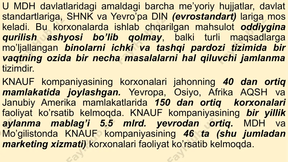 jihatidan to’liq kafolatlangan. qurilishda “quruq” usulda pardozlash ishlarining mohiyati, ahamiyati va yning afzalliklari. hozirgi zamon qurilish industriyasida yangi zamonaviy texnologiyalarni qo’llash, ayniqsa pardozlash ishlarida sifat va samaradorlik talablaridan kelib chiqadi. ma’lumki har bir texnologik jarayon biror bir ishni bajarish uslubidir va bu uslub amallar yigindisidan tashkil topadi. texnologik jarayonni jadallashtirish uchun, uni tashkil qiluvchi amallar sonini qisqartirish yoki ish unumdorligini oshirish talab qilinadi. pardozlash ishlari qurib tayyorlangan bino yoki inshoot konstruktiv elementlarini biror ashyo yordamida qoplash va natijada bu elementning badiiy korkamligini, me’moriy mahobatini, qulayligini, tashqi ta’sir va deformasiyalarga bardoshini, xonalar mikroklimati va maxsus xususiyatlarini taminlash amallariga aytiladi. pardoslash ishlari ichki konstruktiv elementlar pardozi tashqi konstruktiv elementlar pardozi tashqi pardoz o’z navbatida fasad va orqavarot konstuktiv elementlar qoplamasi bo’lib, bunda binonig fasad qismini pardozlashga jiddiy talablar qo’iladi. ichki pardozlash ishlari esa bir muncha murakkabroq bo’lib, bu binoni xonalarga ajratish, devorlar sathini qoplash, xonalar shiftini qoplash va bezash, shoxsufa-pol qatlamlarini to’shish …