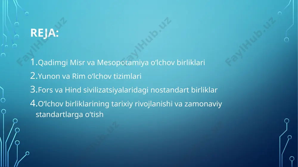 sivilizatsiyalaridagi nostandart birliklar qadimgi fors imperiyasida uzunlik o‘lchovi sifatida "angosht" (barmoq, taxminan 20 mm) va "parasang" (taxminan 6 km) kabi birliklar ishlatilgan. og‘irlik o‘lchovlarida esa "shekel" va "mina" kabi birliklar mavjud bo‘lgan . hind sivilizatsiyasida esa uzunlik o‘lchovi sifatida "kos" (taxminan 3 km) ishlatilgan. bu birliklar ko‘pincha inson tanasining qismlariga asoslangan bo‘lib, masalan, "hasta" (qo‘l) va "angula" (barmoq) kabi birliklar mavjud edi. bu nostandart birliklar mahalliy ehtiyojlarga moslashtirilgan bo‘lsa-da, hududiy farqlar va standartlarning yo‘qligi sababli savdo va ilmiy faoliyatda murakkabliklarga olib kelgan. o‘lchov birliklarining tarixiy rivojlanishi va zamonaviy standartlarga o‘tish tarix davomida o‘lchov birliklarining xilma-xilligi savdo, ilm-fan va texnologiyaning rivojlanishiga to‘sqinlik qilgan. shu sababli, yagona va standart o‘lchov tizimiga ehtiyoj paydo bo‘lgan. 1799 yilda fransiyada metrik tizim joriy etildi, bu tizim yerning meridiani asosida metr va kilogramm birliklarini belgiladi . 1875 yilda "metre konvensiyasi" imzolanishi bilan xalqaro o‘lchov tizimi (si) asos solindi. bu tizimda metr, kilogramm, soniya, amper, kelvin, mol …