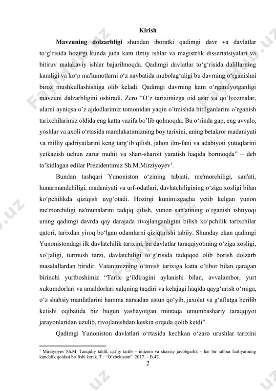 araqqiyotining o‘ziga xosligi, xo‘jaligi, turmush tarzi, davlatchiligi to‘g‘risida tadqiqod olib borish dolzarb masalallardan biridir. vаtаnimizning o‘tmish tаriхigа kаttа e’tibоr bilаn qаrаgаn birinchi yurtbоshimiz “таriх g‘ildirаgini аylаnishi bilаn, аvvаlаmbоr, yurt хukumdоrlаri vа аmаldоrlаri xаlqning tаqdiri vа kеlаjаgi hаqidа qаyg‘urish o‘rnigа, o‘z shаhsiy mаnfаtlаrini hаmmа nаrsаdаn ustun qo‘yib, jахоlаt vа g‘аflаtgа bеrilib kеtishi оqibаtidа biz bugun yashаyotgаn mintаqа umumbаshаriy tаrаqqiyot jаrаyonlаridаn uzulib, rivоjlаnishdаn kеskin оrqаdа qоlib kеtdi”. qadimgi yunoniston davlatlari o‘rtasida kechkan o‘zaro urushlar tarixini o‘rganish, sparta davlatining ijtimoiy tuzumi va boshqa yunon shaharlari bilan olib borgan urushlari, aynan pelopones urushi tarixini yoritish, bu yunon davlatlari tarixini o‘rganishda eng muhim masala xisoblanadi. bu esa o‘z navbatida mavzuning dolzarbligini oshiradi. mavzuning maqsad va vazifasi qadimgi sparta davlatining tashkil topishini o’rganish mavzuning asosiy maqsadi etib bergilandi. vazifalari esa quyidagicha - sparta polisining vujudga kelishi va geografik joylashuvini o’rganish; - doriy qabilalarining lakoniyaga ko‘chishi va davlatning shakllanishini yoritib berish; - sparta davlatining ijtimoiy tuzumini tahlil …