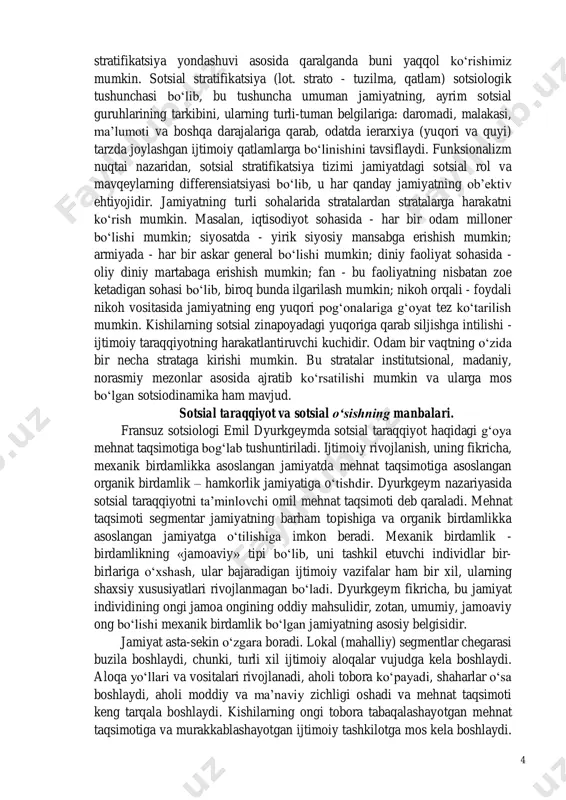 luvchi jarayon tushuniladi. integratsiya turli xil sotsial sub’ektlar - individlar, tashkilotlar, davlatlar va hokazolar o‘rtasida ixtilofsiz munosabatlar bo‘lishini ko‘zda tutadi. sotsial tizimlar integratsiyasining darajasi va mexanizmi to‘g‘risidagi qarashlar tarixan o‘zgarib kelgan. bajaradigan vazifalari, sohalariga qarab sotsial dinamikaning quyidagi turlarini ajratib ko‘rsatish mumkin: 1. reproduktiv dinamika. sotsial dinamikaning bu turi tug‘ilish, ishlab chiqarish, ekologiyaning sotsial jihatlarini o‘z ichiga oladi. aholi sonining o‘sishi, tug‘ilish miqdori, ularni belgilovchi omillar reproduktiv sotsial dinamika sohasiga kiradi. ishlab chiqarish, ekologiya va sotsial sub’ektlar reproduktiv o‘rnashmalarga aloqador bo‘ladi. 2. maqom (status) sotsial dinamika. u o‘z ichiga xizmat lavozimlarida ko‘tarilishi yoki pasayishini, turmush darajasi va sifati kabilarnini qamrab oladi. 3. hududiy sotsial dinamika. aholi ko‘chishlarining sur’ati va miqdorlarining sotsial jihatlari, katta shahar vujudga kelishi bilan paydo bo‘lgan sotsial muammolar, ishlab chiqarishning joylashtirilishi, uning sotsial oqibatlari hududiy (territorial) sotsial dinamika ob’ektlaridir. 4. ma’naviy hayot dinamikasi manfaatlar, qadriyatlar, fikrlar, normalar harakati, o‘zgarishi va rivojlanishi bu soha doirasida bo‘ladi. 5. siyosiy …