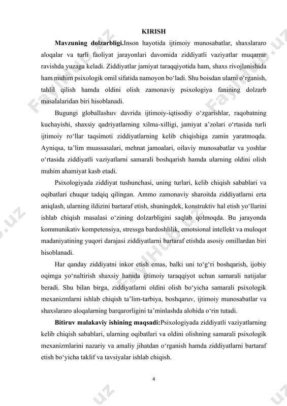 iklar. muloqot jarayonida noto‘g‘ri tushunish, axborotni yetkazishda buzilish, xatoli talqin qilish yoki tinglay olmaslik ham ko‘plab ziddiyatlarga sabab bo‘ladi. bu holatda shaxslar bir-birining haqiqiy niyatini noto‘g‘ri qabul qiladi.[footnoteref:1] [1: abduqodirov a. "psixologiya asoslari." – toshkent: fan va texnologiya, 2015.] ijtimoiy rollar mos kelmasligi. insonlar turli ijtimoiy rollarda ishtirok etadi (ota-ona, o‘qituvchi, rahbar, hamkasb va boshqalar). ba’zan ushbu rollar bir-biri bilan mos kelmaganda yoki qarama-qarshi talablarga ega bo‘lganda shaxslararo ziddiyatlar kelib chiqadi. qadriyatlar va dunyoqarashlar farqi. turli madaniy, diniy, milliy yoki shaxsiy qarashlar o‘zaro muloqotda kelishmovchiliklar tug‘dirishi mumkin. bu ayniqsa jamiyatda ko‘p millatlilik, madaniyatlararo muloqot sharoitida sezilarli darajada namoyon bo‘ladi. psixologik ehtiyojlarning qondirilmasligi. insonning e’tibor, hurmat, e’tirof va mehr kabi asosiy ehtiyojlari qondirilmaganda u o‘zini kamsitilgan his qiladi. natijada agressiv reaksiya va qarama-qarshiliklar yuzaga kelishi mumkin. stress va emotsional zo‘riqish. kundalik hayotdagi murakkab vaziyatlar, ortiqcha yuklama yoki salbiy his-tuyg‘ular ham shaxslararo ziddiyatlarni tezlashtiruvchi omil sifatida ta’sir ko‘rsatadi. muloqot – bu ikki …