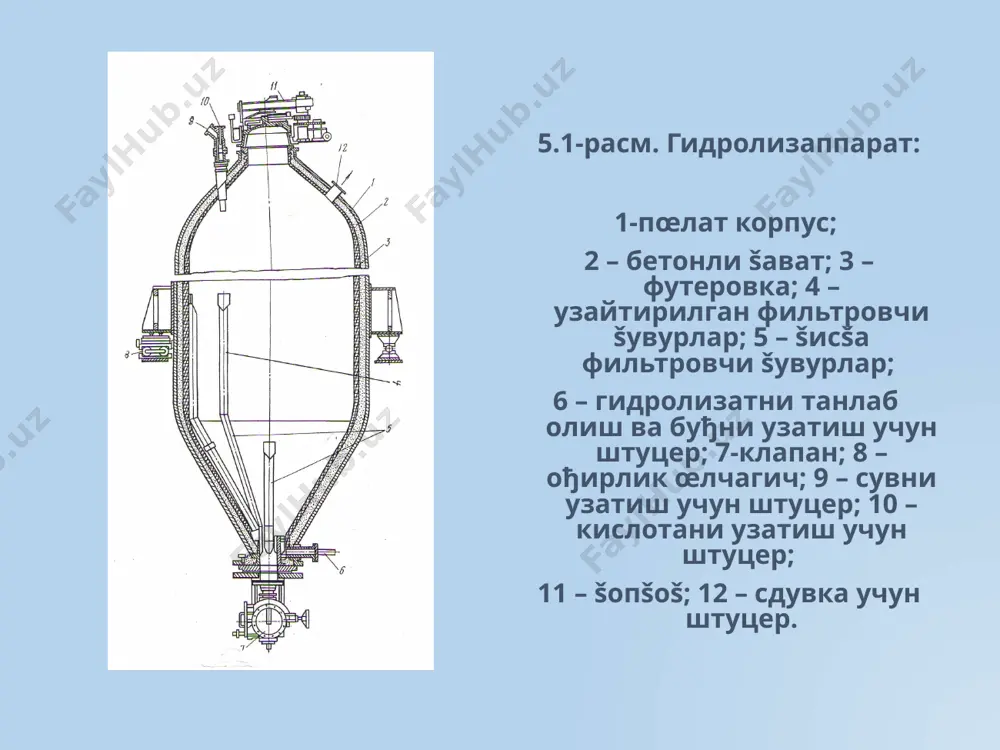 тирувчи нейтрализатор – ушлаб тургич: 1 – тортувчи šувур;2 – привод; 3 – аралаштиргич вали; 4 – корпус;5 – футеровка; 6 – аралаштиргич лопастлари; 7 – лаз;8 – асос узук;9 – рамли аралаштиргич;10 – скребок; 11 – отбойниклар; 12 – аппаратнинг кетма-кет уланишида нейтрализатнинг кириш штуцери. бу борада «газлифт» типдаги аралаштирувчи тузилмага эга нейтрализаторлар мукаммалроš ќисобланади (5.4-расм). šурилма кетма-кет уланган ќар хил диаметрдаги тœртта диффузор, ќамда сиšилган ќавони келтириб берадиган šувурдан иборат. бундай нейтрализаторнинг ишлаш принципи šуйидагича: ќаво šувур орšали пастки диффузорга киради, ва нейтрализат билан аралашиб, зичлиги диффузорлар деворларидан ташšаридаги нейтрализат зичлигидан кичик бœлган газ-суюšлик аралашмасини ќосил šилади. зичликлар фарšи натижасида нейтрализаторда суюšликнинг интенсив циркуляцияси кечади. аралаштиришга кетадиган ќавонинг сарфи 1 м3 нейтрализатга 1 м3/мин. ни ташкил šилади. озиšа муќитлари, тузлар ва турли хил šœшимчалар (кœпикли œчирувчилар, кислоталар) эритмаларини бевосита олиш учун 100 м3 гача сиђимга эга аппарат-смесительлардан фойдаланилади. уларнинг барчаси кислотага чидамли пœлат ёки коррозияга бардошли материаллар билан …
