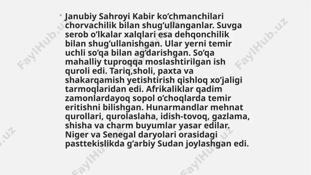 da nil vodiysida yashagan dehqonlarning iqtisodiy va madaniy hayotiga oid boy arxeologik materiallar berdi. mozor, manzilgohlar, neolit davri boltalari, naqshli kamalak oʻqlar, choʻkich, chaqmoqtoshdan ishlangan pichoq, yigʻma oʻroq, yogʻoch bumerang, suyak qarmoqlar, ayollarning loy va fil suyagidan ishlangan haykalchalari, fil suyagidan ishlangan qoshiq va taroqlar, fil suyagi, tosh va loydan ishlangan turli idish-tovoqlar topildi. kuomboka – zambiyada lozi qiroli har yili suv toshqinidan yuqori yerga ko‘chib o‘tishini nishonlaydigan festival. bu marosimda rang-barang kiyimlar, musiqa va raqslar bo‘ladi . temir asriga oid topilma nok mil.avv.ix asr bilan belgilanib , shimoliy nigeriyadan topilgan.shimoli –sharqda afrikadan mil. avv. i mingyillik boshlariga oid yana bir temir madaniyati – meroe ham topilgan (nil daryosining o’rta oqimida). ▪ bantularning ko’chishlari va kongo daryosi havzasiga joylashishlari ham temir asrida bo’lgan.bu ko’chishlar mil.avv.ii mingyillikning boshlariga qadar davom etgan. ▪ madagaskar oroliga malgashlarning kelib joylashishlari mil. avv. xvi asrdan x asrga qadar davom etgan. gerewol – chaddagi wodaabe xalqi …