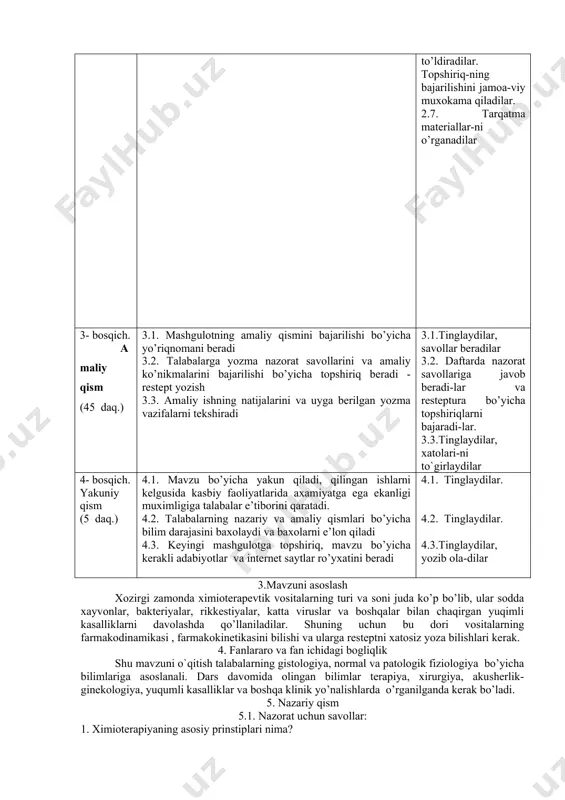 ikroblarga qarshi ta’sir spektri bo’yicha tasnifi qanday? 4. penistillinlarning tasnifi qanday? 5. biosintetik penistillinlarning fanday afzalligi va kamchiligi bor? 6. antibiotiklarni asosiy ta’sir mexanizmi qanday? 7. yarim sintetik penistillinlarning mikroblarga qarshi ta’sir spektri bo’yicha tasnifi qanday? 8. penistillinlar qanday ko’rsatmalar bo’yicha ishlatiladi? 9. penistillinlar qo’llanilganda qanday asoratlar qoladi? 10. stefalosporinlar mikroblarga qarshi ta’sir mexanizmi qanday? 11. stefalosporinlarning tasnifi qanday? 12. stefalosporinlarni ishlatishdagi ko’rsatmalar? 13. stefalosporinlar ishlatilganda qanday nojo’ya ta’sirlar ko’riladi? 14. karbapenemlar- mikroblarga qarshi ta’sir mexanizmi, ishlatishdagi ko’rsatmalar, nojo’ya ta’sirlar qanday? 15. monobaktamlar- mikroblarga qarshi ta’sir mexanizmi, ishlatishdagi ko’rsatmalar, nojo’ya ta’sirlar qanday? 16. makrolid, azalidlarni ta’sir spektri va mexanizmi qanday? 17. makrolidlarning afzalligi va kamchiligi nimada? 18. makrolid, azalidlarni qanday qo’llash uchun ko’rsatmalarini bilasiz? 5.2. mashgulot mazmuni ximioterapiya (p.erlix kiritgan atama) deb o’zining rezorbtiv ta’sirida xastaliklarnning chiqaruchi omilga salbiy ta’sir etuvchi vositalar bilan yuqimli kasalliklarni davolashga aytiladi. ximioterapevtik vositalar deb, (qonga so’rilgandan so’ng) mikroblarga qarshi tanlab ta’sir etuvchi maqsadli sintezlangan …