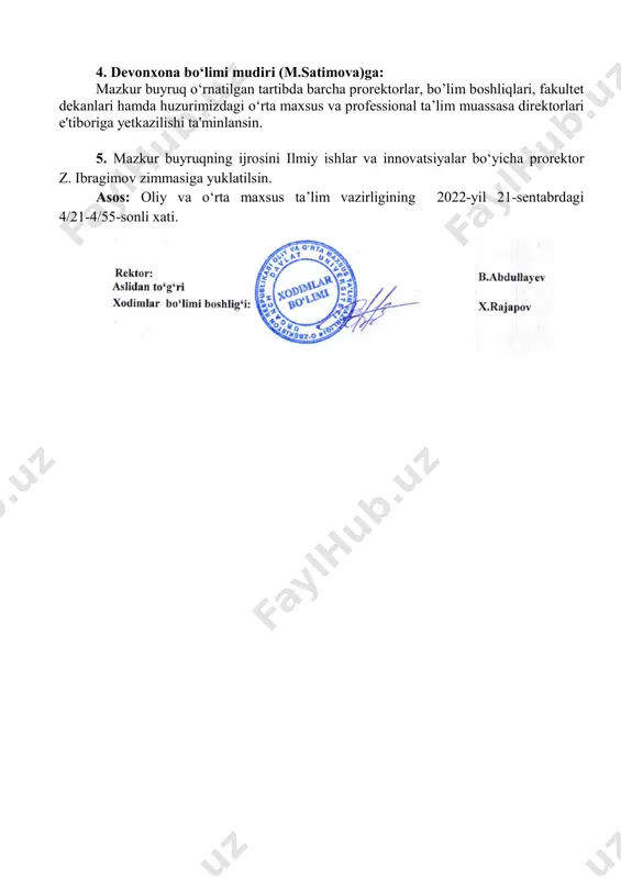 siteti tasarrufidagi o‘rta maxsus va professional ta’lim muassasalari direktorlariga: o‘rta maxsus va professional ta’lim muassasada ta’lim oluvchi barcha o‘quvchilarga “rektor stipendiyasi” haqida va unga nomzodlik qilish imkoniyatlarini hamda barcha hujjatlarni taqdim etishi bo‘yicha tushuntirish ishlarini olib borsin. 3. raqamli ta’lim texnologiyalar markazi direktori (s.polvanov) va matbuot kotibi (m.ahemdovaga)ga: universiteti tasarrufidagi o‘rta maxsus va professional ta’lim muassasalarining o‘quvchilariga “rektor stipendiyasi”ni tayinlash bo‘yicha e’lon berish va ularning natijalarini universitetning rasmiy veb sayti hamda ijtimoiy tarmoqlarda yoritib borish vazifasi yuklatilsin. 4. devonxona bo‘limi mudiri (m.satimova)ga: mazkur buyruq o‘rnatilgan tartibda barcha prorektorlar, bo’lim boshliqlari, fakultet dekanlari hamda huzurimizdagi o‘rta maxsus va professional ta’lim muassasa direktorlari e'tiboriga yetkazilishi ta'minlansin. 5. mazkur buyruqning ijrosini ilmiy ishlar va innovatsiyalar bo‘yicha prorektor z. ibragimov zimmasiga yuklatilsin. asos: oliy va o‘rta maxsus ta’lim vazirligining 2022-yil 21-sentabrdagi 4/21-4/55-sonli xati. urganch davlat universiteti rektorining 2022 – yil «22» sentabrdagi 132- sonli buyrug‘iga 1 – ilova urganch davlat universiteti tasarrufidagi o‘rta maxsus …