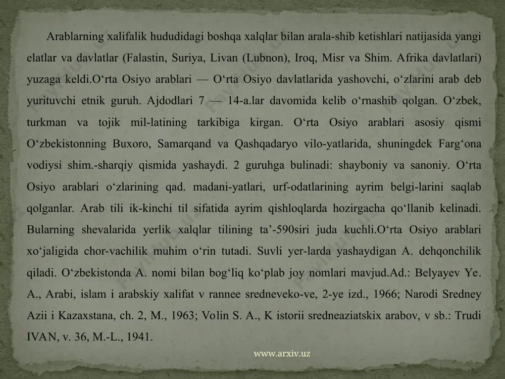 lar uzoq hindiston va habashiston bilan savdo qilishgan. yarim orol aholisining aksariyatini ko’chmanchi chorvadorlar tashkil qilgan. ularni badaviylar, ya’ni “ko’chmanchilar” deb atashgan. ular o’z podalari bilan dag’al o’t va yantoq bilan qoplangan cho’l bo’ylab ko’chib yurishgan. budaviylar tuya, ot va qo’y boqishgan. www.arxiv.uz www.arxiv.uz tuya badaviy uchun eng asosiy hayvon bo’lgan. cho’l kishilari uning suti va go’shtini tanovul qilishgan, tuya junidan to’qilgan issiq kiyimlar kiyishgan. uylari tuya junidan to’qilgan kigizlar bilan berkitilgan o’tovlardan iborat bo’lgan. tuya terisidan poyabzal, egar-jabduq va aslahalar tayyorlangan. ko’pgina kasalliklarga eng yaxshi davo tuya yog’i bo’lgan. badaviylar oilalari va ko’ch-ko’ronlari bilan tuyalarda bir manzildan boshqasiga ko’chib yurishgan. mana shu tuyalarga minib urushqoq dushmanlari bilan jang qilishgan. chidamli va sadoqatli hayonlar cho’lda o’zlari yo’l topganlar, uzoq vaqt yemishsiz va suvsiz yura olishgan, hech qachon egalarini kulfatda yolg’iz qoldirishmagan, uni qum bo’ronlaridan pana qilishgan va sovuqdan isitishgan. www.arxiv.uz www.arxiv.uz al-qudsda omarni masjidi. ko’chmanchilar savdo uchun mo’ljallangan mahsulotlarini qizil …