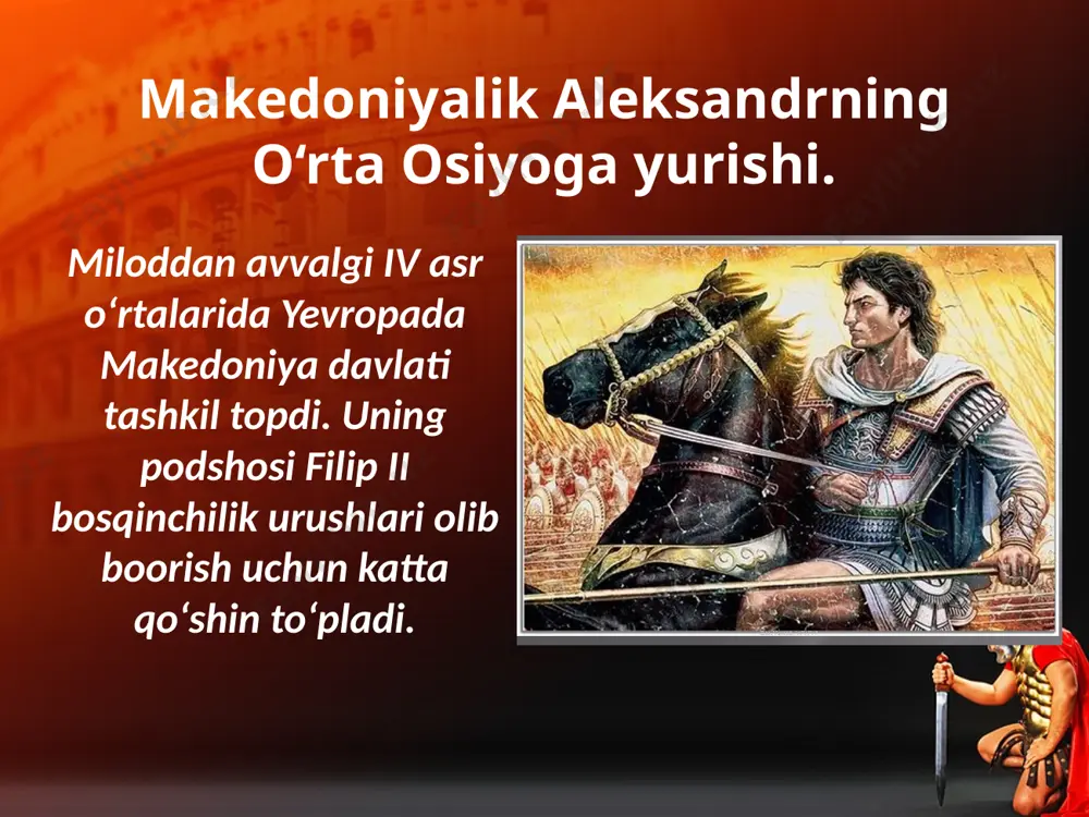 avobini berdi. endi, aleksandr hiyla-nayrang yo‘liga o‘tdi: «spitamen yo‘q qilinishi kerak! – deb o‘ylardi aleksandr. – iloji boricha tezroq! butun osiyoni oyoqqa turg‘azmasidan burun yo‘q qilinishi kerak. yurtdoshlari spitamenni qoplon deb atashardi. unga bunday nom berilishiga uning qoplon terisini ustiga yopib yurishigina emas, balki qoplondek dovyurak va chaqqonligi ham sabab bo‘lgan. spitamen halok bo‘lsa-da, bosqinchilarga qarshi xalq kurashi yana bir yil davom etdi. ozodlik qo‘zg‘oloni yengilgan bo‘lsa-da, u vatan o‘g‘lonlarining mardligini, jasoratini namoyon etdi. u yangi urushlarga tayyorgarlik ko‘rish paytida bezgak kasaliga chalinib, 33 yoshida vafot etdi. aleksandrning vafotidan so‘ng u asos solgan davlat ham parchalanib ketdi. image2.jpg image3.jpeg image4.jpeg image5.jpeg image6.emf image7.jpeg image8.emf image9.jpeg image10.jpeg image11.jpeg image12.jpeg image13.jpeg image14.jpeg image15.jpeg image16.jpeg image1.jpg