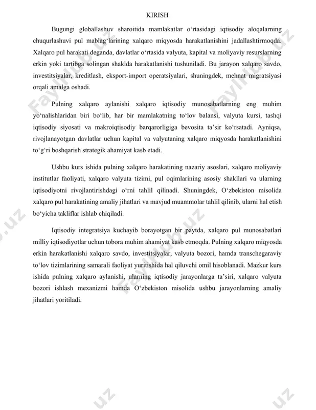 ili sifatida pul massasi, foiz stavkasi va inflyatsiyani ko‘rsatadi. · mundell-fleming modeli: ochiq iqtisodiyotda foiz stavkalari, valyuta kurslari va kapital harakatlari o‘zaro bog‘liq. 1.2. xalqaro pul harakati turlari · real pul oqimi (valyutada ko‘rinadigan): tovarlar va xizmatlar uchun to‘lovlar · moliyaviy oqimlar: investitsiyalar, kreditlar, obligatsiyalar · valyuta operatsiyalari: bir valyutani boshqasiga almashtirish pulning xalqaro aylanishiga ta’sir etuvchi omillar · valyuta konvertatsiyasi darajasi · xalqaro shartnomalar va bojxona rejimlari · valyuta kursining erkinligi yoki tartibga solinishi · mamlakatning to‘lov balansi holati · geosiyosiy barqarorlik va huquqiy muhit pulning xalqaro aylanishiga ta’sir etuvchi omillar bir necha asosiy guruhlarga bo‘linadi. quyida ular batafsil keltirilgan: 1. iqtisodiy omillar · savdo balansi: eksport va import miqdori pul oqimlariga bevosita ta’sir qiladi. eksport ko‘paysa, milliy valyutaga talab ortadi. · inflyatsiya darajasi: past inflyatsiya barqaror iqtisodiyotni anglatadi va milliy valyutaga ishonchni oshiradi. · foiz stavkalari: yuqori foiz stavkalari xorijiy investitsiyalarni jalb qiladi, bu esa valyuta oqimini oshiradi. …