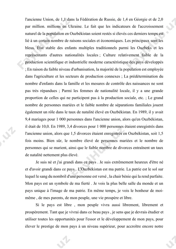 e de ma patrie. en même temps, je vois le bonheur de moi-même , de mes parents, de mon peuple, une vie prospère et libre. si le pays est libre , mon peuple vivra aussi librement, librement et prospèrement. tant que je vivrai dans ce beau pays , je sens que je devrais étudier et utiliser toutes les opportunités pour l'essor et le développement de mon pays, pour élever le prestige de mon pays à un niveau supérieur, pour accroître encore notre développement national. . alors que le président shavkat miromonovich mirziyoyev recherche constamment le développement du pays et met en œuvre des mesures importantes, nous, les jeunes, devons utiliser toute notre énergie et nos connaissances pour que notre bien-aimé ouzbékistan puisse atteindre des niveaux plus élevés à l'avenir. parce que nos parents, frères, grands-parents. chaque saint a sa propre tête, bien sûr, ce sont nos ancêtres. nos mères sont …