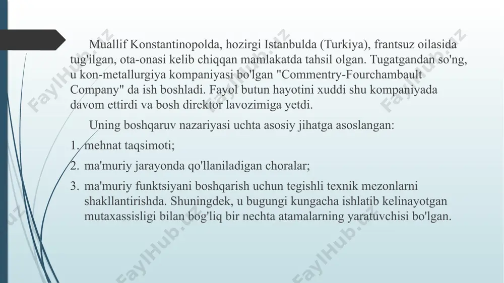 ri tizimini yaratish. maktabning salbiy xususiyatlari: boshqaruvning ijtimoiy jihatlariga e'tibor etishmasligi. korxonada inson omiliga e'tibor etishmasligi. ilmiy usullardan foydalanishdan ko'ra, shaxsiy tajribaga asoslangan holda yangi ish turlarini o'zlashtirish. klassik menejment maktabining xususiyatlari korxonani oqilona boshqarish "yuqoridan" ratsional boshqarish menejmentni bir-biriga bog'liq bo'lgan bir nechta operatsiyalardan iborat bo'lgan universal jarayon sifatida ko'rib chiqish: texnik, tijorat, moliyaviy, sug'urta, buxgalteriya, ma'muriy menejmentning asosiy tamoyillari bayonoti: mehnat taqsimoti, kuch va javobgarlik, intizom, yakka tartibdagi boshqaruv, etakchilik birligi, ish haqi, markazlashtirish, skalar zanjiri, tashabbuskorlik, korporativ ruh, adolat va boshqalar. menejmentni faoliyatning maxsus turi sifatida ta'kidlab, butun tashkilotni boshqarish tizimlashtirilgan nazariyasini shakllantirish, e’tiboringiz uchun rahmat image1.png /docprops/thumbnail.jpeg