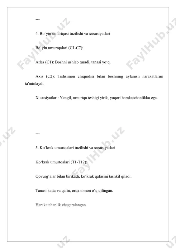 i va qilichsimon o‘simta. ahamiyati: yurak, o‘pka va boshqa ichki organlarni himoya qiladi. --- 34. kalla suyagidagi sinuslar: turlari va tuzilishi turlari: peshona, yuqori jag‘, elka va asosiy sinuslar. tuzilishi: havoli bo‘shliqlar; suyaklarni engillashtiradi va ovozning rezonansiga ta’sir qiladi. ahamiyati: havoni namlantiradi va isitadi. --- 35. quymich kosasi tuzilishi, ahamiyati tuzilishi: chanoq suyagi orasida joylashgan, dumaloq shaklda. ahamiyati: son suyagining kallasi joylashadi va yelka bo‘g‘imi kabi ishlaydi. --- 36. chaqaloq kalla suyagining o‘ziga xos xususiyatlari xususiyatlari: choklar va fontanellalar (yumshoq sohalar) mavjud. choklar birlashmagan. ahamiyati: miya o‘sishi va tug‘ilish jarayonida kalla deformatsiyasiga moslashish uchun. --- 37. chakka suyagi kanallari va ularning ahamiyati kanallar: yuz nervi kanali, ichki quloq kanali, uyqu arteriyasi kanali. ahamiyati: nervlar va qon tomirlarni himoya qiladi va o‘tkazadi. --- 38. qattiq tanglay tuzilishi tuzilishi: yuqori jag‘ va tanglay suyaklaridan hosil bo‘lgan. ahamiyati: ovqatni yutishda og‘iz bo‘shlig‘ini burun bo‘shlig‘idan ajratadi. --- 39. chakka-pastki jag‘ bo‘g‘imi: tuzilishi, shakli, vazifasi …
