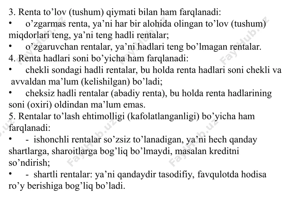 lib, ular qo’shiladi. bu sxemaga mos keluvchi quyidagi masalalarni hal qilishimiz mumkin: qancha summani bankka qo’ysak (pv) ma’lum (n) yil davomida har yili ma’lum (r) summadan olib turamiz. har yili (r) summadan to’lash sharti bilan (n) yil davomda bankdan qancha qarz olish mumkin. bu 1-va 2- masalalar mohiyati jihatidan bir xildir. (nafaqa masalasi) ma’lum (n1) muddat ichida fuqaro bankka (yoki nafaqa fondiga) ma’lum (r1) summadan badal o’tkazib turadi, so’ngra n2 yildan keyin n3 yil davomida (yoki umrining oxirigacha) ma’lum (r2) summadan pensiya olishi mumkin. buning uchun fuqaro har yili qanchadan (r1) badal o’tkazishi kerak bo’ladi. 3- masalaga o’xshash qarz olish, to’lash sxemasi (masalalasi) ham qo’yilishi mumkin. bunday masalalar oshgan qiymatni hozirgi narxini topishga keladi. n yoki r ni topish masalalari. n- necha yil r dan olish (to’lash) mumkin yoki shuncha yil qanchadan (r) olish mumkin? bu masalalarni hal qilish anuitetning hozirgi (joriy) qiymatini topishga keladi. agar to’lov o’tkazish va foizlarni …