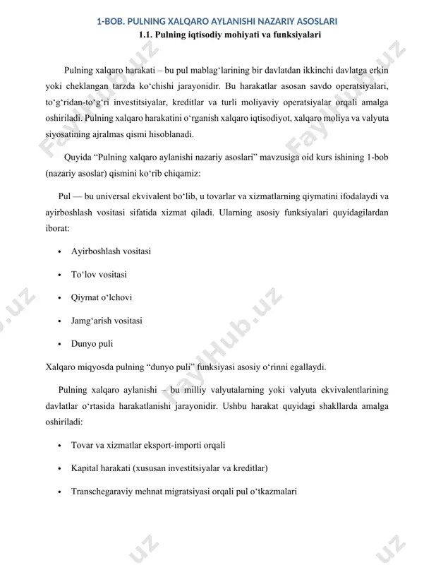 gik omillar · raqamli to‘lov tizimlari: elektron to‘lovlar va fintex kompaniyalari xalqaro pul o'tkazmalarini tezlashtiradi. · bank tizimi rivoji: raqamlashtirilgan, samarali bank xizmatlari xalqaro tranzaksiyalarni osonlashtiradi. 5. huquqiy va me’yoriy omillar · valyuta nazorati siyosati: ba’zi davlatlar valyuta chiqib ketishini nazorat qiladi, bu esa pul aylanishini cheklaydi. · xalqaro shartnomalar: erkin savdo shartnomalari yoki investitsiya bitimlari pul oqimini rag‘batlantiradi. 2-bob. xalqaro valyuta bozorlari va ularning ishlash mexanizmi 2.1. xalqaro valyuta bozori (forex) nima? xalqaro valyuta bozori – bu turli mamlakatlar valyutalarini sotib olish va sotish joyidir. uning asosiy ishtirokchilari markaziy banklar, tijorat banklari, eksportyor va importyor korxonalar, investitsiya kompaniyalari va spekulyantlardir. valyuta bozorlari orqali valyuta kurslari shakllanadi, bu esa to‘lov balansi, eksport-import operatsiyalari va investitsiya oqimlariga ta’sir ko‘rsatadi. valyuta bozori — talab va taklif asosida chet el valyutasi oldi-sotdi qilinadigan doira. birja (oʻzbekistonda 1992-yil iyun oyidan oʻzr valyuta birjasi ishlaydi) va birjadan tashqari (banklararo) v.b.ga boʻlinadi. shuningdek, v.b. valyuta xatarini …