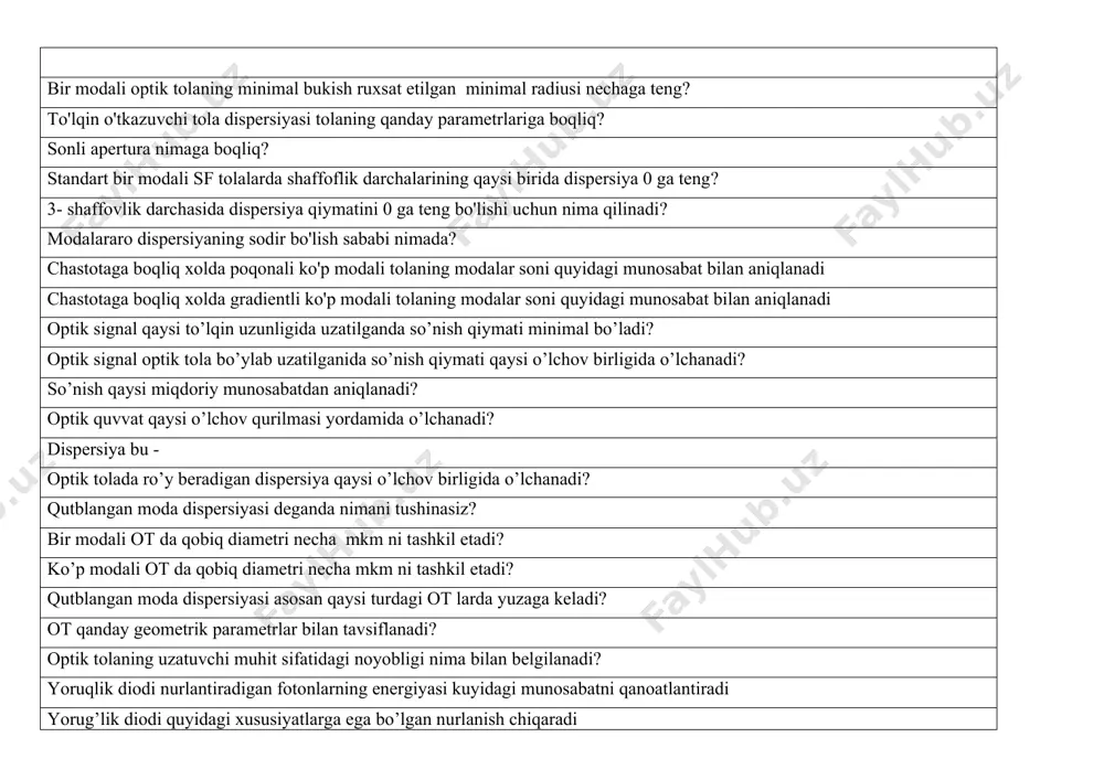 so’nish qiymati qaysi o’lchov birligida o’lchanadi? so’nish qaysi miqdoriy munosabatdan aniqlanadi? optik quvvat qaysi o’lchov qurilmasi yordamida o’lchanadi? dispersiya bu - optik tolada ro’y beradigan dispersiya qaysi o’lchov birligida o’lchanadi? qutblangan moda dispersiyasi deganda nimani tushinasiz? bir modali ot da qobiq diametri necha mkm ni tashkil etadi? ko’p modali ot da qobiq diametri necha mkm ni tashkil etadi? qutblangan moda dispersiyasi asosan qaysi turdagi ot larda yuzaga keladi? ot qanday geometrik parametrlar bilan tavsiflanadi? optik tolaning uzatuvchi muhit sifatidagi noyobligi nima bilan belgilanadi? yoruqlik diodi nurlantiradigan fotonlarning energiyasi kuyidagi munosabatni qanoatlantiradi yorug’lik diodi quyidagi xususiyatlarga ega bo’lgan nurlanish chiqaradi yorug’lik diodining quyidagi turlari mavjud? spontan nurlanish nima uchun nokogerent yoruqlik deyiladi? lazer diod quyidagi xususiyatlarga ega bo’lgan nurlanish chiqaradi nurlanish chastotasi qaysi munosabat boyicha aniqlanadi? nurlanish to’lqin uzunligi qanday miqdoriy munosabat bilan aniqlanadi? spontan nurlanishli manbalarga qaysi nurlanish manbalari kiradi? yod lar asosan qanday tizimlarda axborotni uzatishda qo’llaniladi? lazer diodlar …