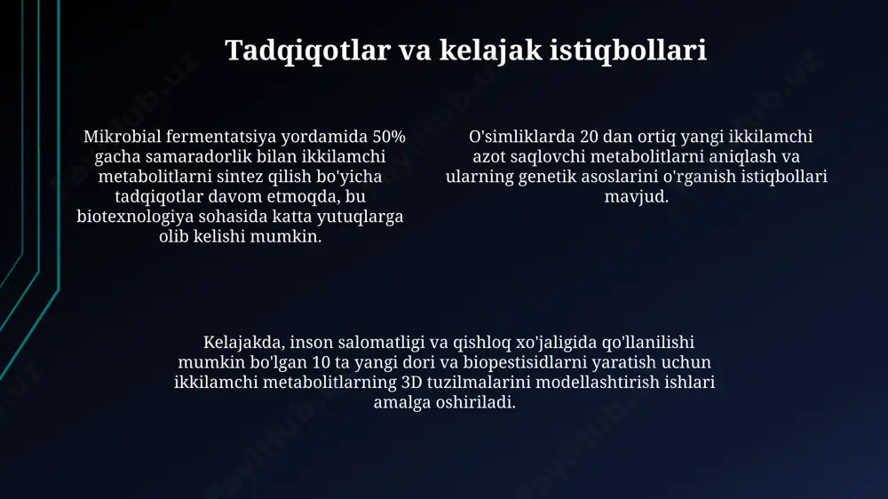 ar yoki ularning hosilalaridan olingan. ba'zi ikkinchi darajali metabolitlar, masalan, alkaloidlar, kuchli analjezik ta'sirga ega boʻlib, ogʻriqni qoldiruvchi dori vositalarida qoʻllaniladi. betalainlar: tuzilishi va funksiyalari betalainlarning biosintezi tirozin aminokislotasidan boshlanadi va bir qator fermentlar ishtirokida murakkab kimyoviy reaksiyalar orqali amalga oshiriladi, bu jarayon ph ga bog'liq. betalainlar ikki guruhga bo'linadi: betatsianinlar (qizil-binafsha) va betaxantinlar (sariq-sarg'ish), ularning molekulyar tuzilishiga ko'ra farqlanadi va 200 dan ortiq turini o'z ichiga oladi. betalainlarning asosiy funksiyalaridan biri – o'simliklarni uv nurlanishidan himoya qilish, antioksidant xususiyatlari tufayli erkin radikallar bilan kurashishdir. ikkinchi darajali metabolitlarning regulyatsiyasi ikkinchi darajali metabolitlarning biosintezi 20 dan ortiq fermentlar tomonidan katalizlanadi va ularning ekspressiyasi transkripsiya omillari, shu jumladan myb va bhlh oqsillari tomonidan tartibga solinadi. fitohormonlar, jumladan salitsil kislotasi va jasmonik kislotasi, ikkinchi darajali metabolitlar biosintezini tartibga soluvchi muhim signal molekulalari hisoblanadi va ularning konsentratsiyasi 10-100 mkm oralig'ida bo'lishi mumkin. stress sharoitlari, masalan, suv tanqisligi yoki patogen hujumi, ikkinchi darajali metabolitlarning sintezini …