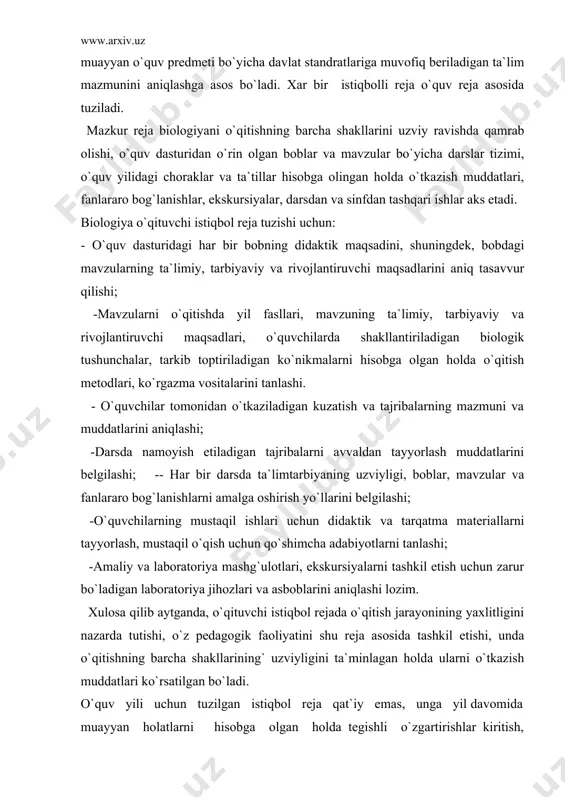 lashi lozim. xulosa qilib aytganda, o`qituvchi istiqbol rejada o`qitish jarayonining yaxlitligini nazarda tutishi, o`z pedagogik faoliyatini shu reja asosida tashkil etishi, unda o`qitishning barcha shakllarining` uzviyligini ta`minlagan holda ularni o`tkazish muddatlari ko`rsatilgan bo`ladi. o`quv yili uchun tuzilgan istiqbol reja qat`iy emas, unga yil davomida muayyan holatlarni hisobga olgan holda tegishli o`zgartirishlar kiritish, ekskursiya va sinfdan tashqari ishlarni tashkil etish va o`tkazish muddatlari o`zgartirilishi mumkin. yillik taqvim reja chorak rejalardan tashkil topadi. har bir chorakda nechta dars o`tilishini belgilash uchun kalendarga қarab shu chorak necha xaftadan iboratligi aniklanadi. masalan. 1 chorak 2.09.10 dan: 3.11. gacha davom etadi. bu muddat taxminan 9.5 xaftani tashkil etadi. binobarin. 1 chorakda biologiyadan. 9 dars o`tilishi mumkin. odatda kalendarь reja қuyidagi formada tuziladi: « гулли о`simliklar» bo`limi bo`yicha v sinf uchun 1chorak kalendarь rejasi boblar № dars mavzusi o`tish muddati kirish (1 soat) 1 kirish 3.09. 1 bob gulli o`simliklar bilan umumiy tanishish ( 3 soat, …