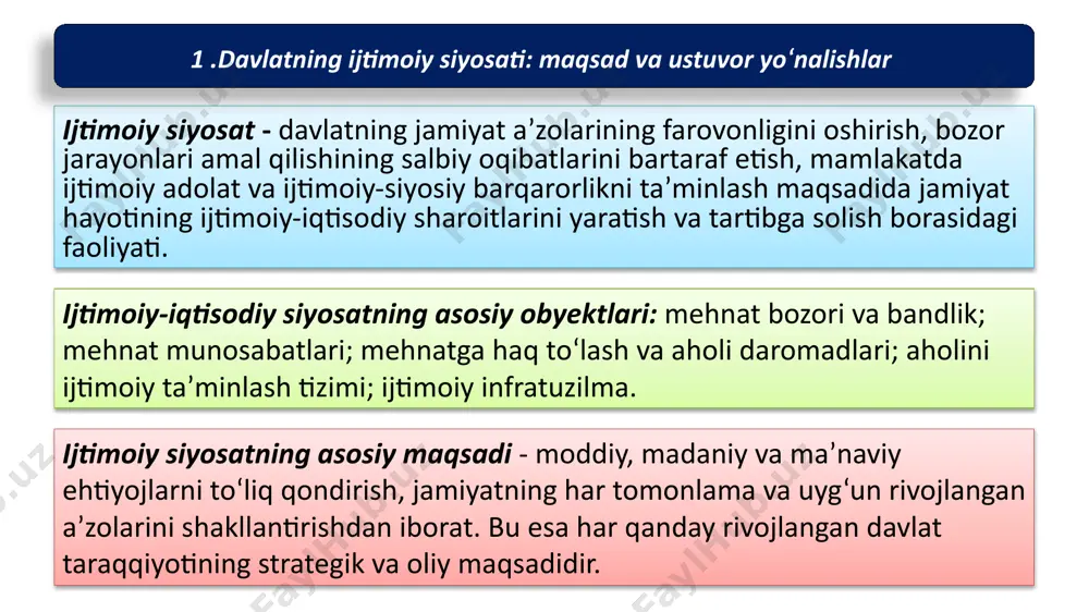 lik 03 berilayotgan imtiyozlar, afzalliklar va imtiyozlarning asoslanganligi 05 aholining zaif himoyalangan guruhlarini qo‘llab-quvvatlash, ularni manzilli qo‘llab-quvvatlash 04 ijtimoiy sohada davlat va jamoatchilik nazorati 07 ijtimoiy soha mazmuni bo‘yicha og‘irlik markazini mahalliy hokimiyat darajasiga ko‘chirish 06 ijtimoiy siyosatning oshkoraligi, o‘tkazilayotgan ijtimoiy o‘zgarishlar natijalarini jamoatchilikka taqdim etish 08 1 .davlatning ijtimoiy siyosati: maqsad va ustuvor yo‘nalishlar ijtimoiy siyosatning asosiy prinsiplari ijtimoiy siyosatning zamonaviy modellari paternalistik sotsialistik model - fuqarolarning ijtimoiy-iqtisodiy ahvoli uchun davlatning har tomonlama javobgarligi, barcha tovarlar va xizmatlarni ishlab chiqarish va taqsimlash sohasida davlat monopoliyasi, fuqarolarning davlatga nisbatan sodiqligi. ijtimoiy siyosatning shved modeli - juda katta mas’uliyat va davlat tomonidan ijtimoiy sohani yuqori darajada tartibga solish bilan tavsiflanadi (shved sotsializmi). fuqarolarning yuqori darajadagi ijtimoiy himoyasini ta’minlaydi. u tadbirkorlik va aholiga yuqori soliq bosimi bilan ajralib turadi, bu boshqa mamlakatlar uchun jozibador emas; “farovonlik davlati” modeli - ijtimoiy sohani yuqori darajada tartibga solishning tipik bozor modeli hisoblanadi. davlat bozor xo‘jaligiga …