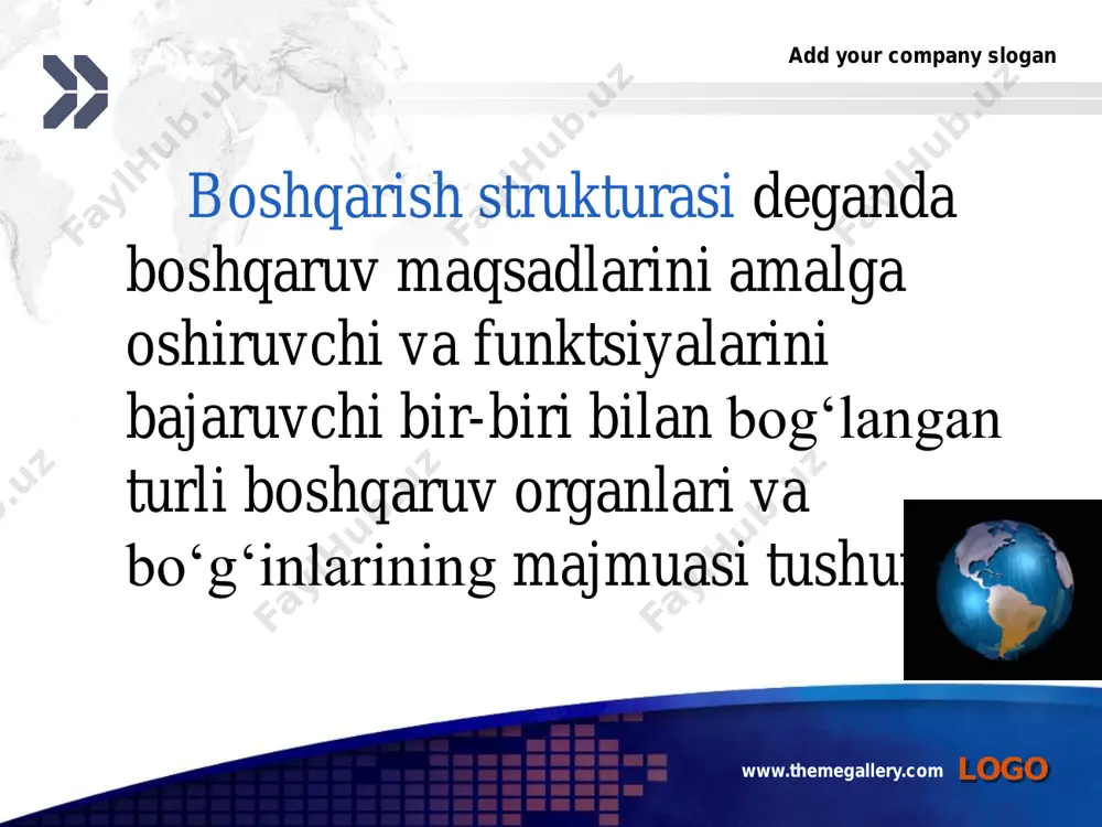 korxonalar faoliyati bilan bog‗lashga, texnika soxasida yuqori malakali xizmat ko‗rsatishga va ekspertizani ta‘minlashga qaratilgan. add your company slogan logo boshqarishning matritsali strukturasi www.themegallery.com logo матрицали структура чизиқли ва лойиҳа бўйича бошқарув структураларининг бирлаштирилиши натижасида қурилади. чизиқли бошқарув принципи сақланиб қолинади, лойиҳа бўйича бошқаришга мос равишда эса мавзуларни, илмий изланишлар бўйича дастурлар, лойихалаштириш технологик тайѐргарлик экспериментал ишлаб чиқариш маҳсулотини тайѐрлаш, сотиш ва х.к.лар ташкил қилинади. бошқарувни ташкил қилишнинг матрицали структурасида лойиха ѐки дастур раҳбарларининг фаолияти эркинлиги таъминланади, улар олдига қўйилган масалалар мақсадли ҳал қилинади. ишни ташкил қилиш бўйича раҳбарнинг маъсулияти аниқланади, уларнинг бажарилиш муддати, якуний натижалар бўйича раҳбарнинг маъсулияти аниқланади. add your company slogan logo men gmga borganimda boshqaruvning bir kishiga emas bir necha boshliqqa bo‘ysunishga asoslangan matritsa usulidan foydalanilishayotgan edi. men bu sistema haqida bir necha yil oldin eshitganman va bu hamkorlikni oshirishi kerak edi, lekin mening fikrim bu yo‘l bilan tezlik yo‘qoladi (mashinda skor almashtirish qiyin bo‘ladi) edward whiteacre …