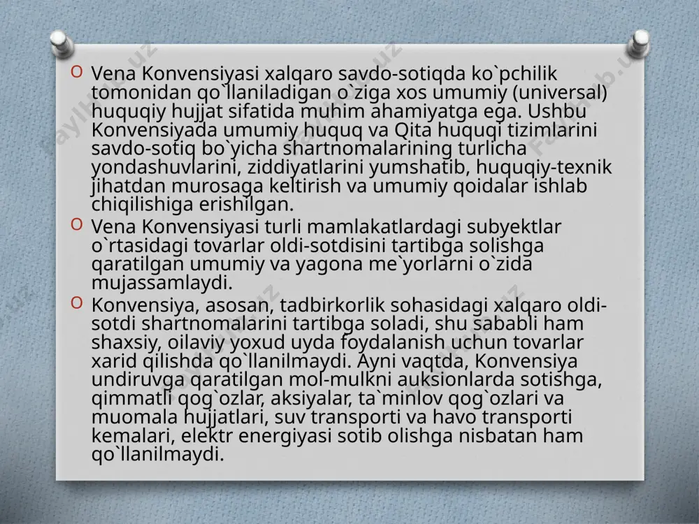 qatnashishi mumkin. ayni vaqtda muayyan hollarda shartnomada taraf sifatida davlat ham ishtirok etishi mumkin. fkning 22-moddasi, 2-qismi va 28-moddada belgilangan tartibda to`la muomala layoqatiga ega bo`lgan voyaga yetmaganlar ham oldi-sotdi shartnomasida summasidan qati nazar, to`la huquqli taraf sifatida qatnasha oladilar. spirtli ichimliklar yoxud narkotik moddalar suiiste`mol qilganligi sababli muomala layoqati cheklangan shaxslar ham mustaqil ravishda mayda maishiy bitimlar tuza oladilar (fkning 31-moddasi). bunday shaxslar, shuningdek, o`n to`rt yoshdan o`n sakkiz yoshgacha bo`lgan voyaga yetmaganlar yirik summadagi oldi-sotdi shartnomalarini faqat homiysi, ota-onalari yoki farzandlikka oluvchilar roziligi bilangina tuza oladilar. har xil tashkiliy tuzilmalar oldi-sotdi shartnomasida taraf bo`lishlari uchun quyidagi ikki talabga javob berishlari shart: birinchidan, bunday tuzilmalar yuridik shaxs maqomiga ega bo`lishlari va ikkinchidan, ular tuzayotgan oldi-sotdi shartnomasi ularning ta`sis hujjatlariga zid bo`lmasligi lozim. qonun oldi-sotdi shartnomasi predmeti doirasiga ashyolar, valyuta qiymatliklari, qimmatli qog`ozlar bilan birga mulkiy huquqlarni ham kiritadi. boshqacha aytganda fkning oldi-sotdi shartnomasi to`g`risidagi umumiy qoidalari paragrafi normalari mulkiy …