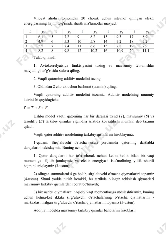 umiy tarkibiy qismlardan iborat bo'lmaydi; 3) biz ushbu qiymatlarni haqiqiy vaqt momentlariga moslashtiramiz, buning uchun ketma-ket ikkita sirg’aluvchi o'rtachalarning o’rtacha qiymatlarini - markazlashtirilgan sirg’aluvchi o'rtacha qiymatlarini topamiz (5-ustun). additiv modelda mavsumiy tarkibiy qismlar baholarini hisoblash: to’rt chorak bo’yicha jami to’rt chorak bo’yicha sirg’aluvchi o’rtacha markazlashtirilgan sirg’aluvchi o'rtacha mavsumiy tarkibiy qism bahosi 1 6,1 2 4,9 24,7 6,175 3 5,5 25,8 6,45 6,3125 -0,8125 4 8,2 26,2 6,55 6,5 1,7 5 7,2 28,1 7,025 6,7875 0,4125 6 5,3 29,7 7,425 7,225 -1,925 7 7,4 30,7 7,675 7,55 -0,15 8 9,8 31,2 7,8 7,7375 2,0625 9 8,2 30,4 7,6 7,7 0,5 10 5,8 30,8 7,7 7,65 -1,85 11 6,6 31,9 7,975 7,8375 -1,2375 12 10,2 33,3 8,325 8,15 2,05 13 9,3 34,5 8,625 8,475 0,825 14 7,2 35,2 8,8 8,7125 -1,5125 15 7,8 34,8 8,7 8,75 -0,95 16 10,9 34,8 8,7 8,7 2,2 17 8,9 34,9 8,725 8,7125 0,1875 18 7,2 35,1 …