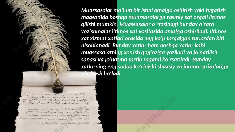 lishga asos yoki sabab ko‘rsatiladi. ikkinchi qismda xatda qo‘yilayotgan masalani hal qilish zarurligi asoslab beriladi. uchinchi (xulosa) qismda xat yozishdan ko‘zlangan asosiy maqsad bayon etiladi. xizmat xatlarining matni imkon qadar qisqa bo‘lishi, shu bilan birga aniq va ravshan tushunilishi kerak. ularning matnida ko‘chma ma’nodagi so‘z va iboralarni qo‘llamaslik tavsiya etiladi. xizmat xatlarining asl nusxasi jo‘natilib, ikkinchi nusxasi muassasaning o‘zida saqlanadi. da’vo xatlari uch nusxada tayyorlanib, 1-nusxasi aybdorga, 2-nusxasi da’vogarga beriladi, 3-nusxasi esa sud idoralariga topshiriladi. xizmat xatlarining turiga qarab ularni rasmiylashtirishda ba’zi farqlar bo‘ladi. shuningdek, mazmunida bir necha (kafolat berish, iltimos, eslatish) ma’no ifodalanadigan xatlar ham bo‘ladi. xizmat xatlari asosan xatlar blanklariga, blank bo‘lmagan hollarda oq qog‘ozga yoziladi. xat oddiy varaqqa yozilsa, uning yuqori chap burchagiga xatni jo‘natayotgan muassasa nomi ko‘rsatilgan to‘rtburchak muhr qo‘yiladi. xizmat xatlarining matnini uch qismga bo‘lish mumkin. birinchi (kirish) qismda xat bilan murojaat qilishga asos yoki sabab ko‘rsatiladi. ikkinchi qismda xatda qo‘yilayotgan masalani hal qilish zarurligi …