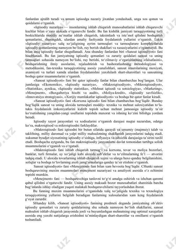 oyillarini, kadriyatlarini qaror toptiruvchi, yangi xayot uchun ilg‘or ko‘rashchi xislatlari bir butun bulib mujassamlashgan. sanoat taraqqiyotining muxim qonuniyatlaridan biri sanoat xodimlarining madaniy-texnikaviy, ma’naviy-ma’rifiy darajasi o‘sishi, ishlab chiqarish malakasi va tajribasining tinmay oshib borishidir. o‘zbekiston mehnatkashlarining bilim va ko‘nikmasi, ishlab chiqarish malakasi va maxorati, madaniy va ma’rifiy saviyasini yuqori darajaga ko‘tarish buyicha amalga oshirilayotgan ishlarda xam sanoatning yuqori o‘rin to‘tishini ko‘rish mumkin. sanoat — mamlakat mudofaa kobiliyatining moddiy asosi, el-yurtda tinchlik va barqarorlikni saqlashning muxim omili, kushni mamlakatlar mustakilligini, xamkorligi va birdamligini ta’minlovchi muxim sohadir. o‘zbekiston davlati mudofaasini kafolatlashda sanoatning roli bebaxodir. sanoat shunday tarmoqki, barcha mamlakatlarning siyosiy, iqtisodiy va tashkiliy intilishlari, ularning xo‘jalik jixatdan birlashishi, ya’ni iqtisodiy integratsiya tavsifida uz ifodasini topadi. natijada barcha mamlakatlarning tabiiy, mehnat va moliyaviy resurslaridan, fan -texnikaning barcha yutuqlaridan okilona foydalanish imkoniyatlari yuzaga keladi. sanoat, ayniksa, og‘ir sanoat — butun ijtimoiy ishlab chiqarishni idustrlashtirish muammolarini xal etish kalitidir. shu sababli jamiyatning moddiy-texnika asosini qaytadan ko‘rish …
