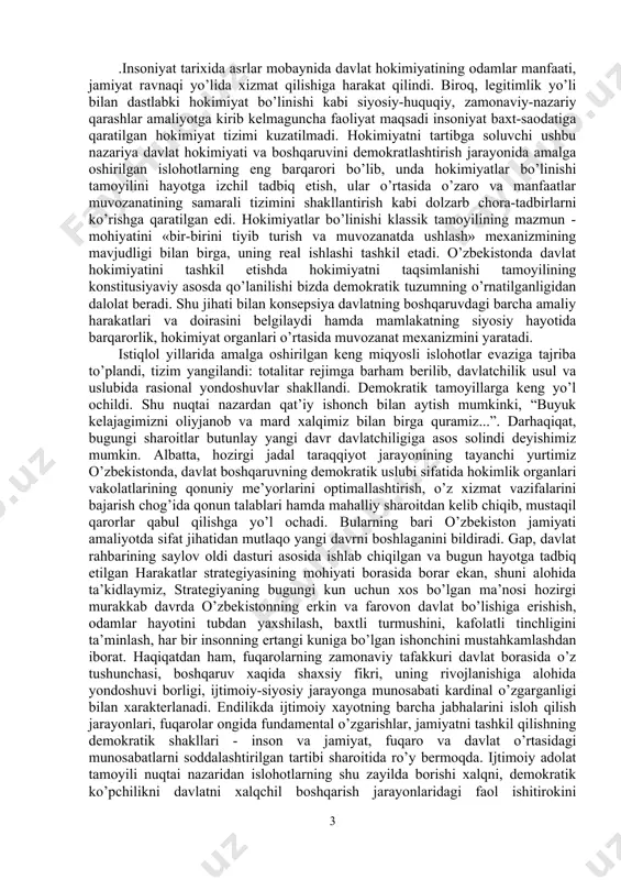anfaatlarini ular dunyoning qaysi burchagida bo’lmasin, davlat tomonidan ishonchli himoya qilish reallikka aylanib borayotgani, bu borada barcha zarur mexanizmlar ishga solinayotgani jamiyat a’zolarining o’z xalqi va vatanidan faxrlanish tuyg’usini, davlatning adolat va qonuniy huquqlar kafolati sifatidagi salohiyatiga bo’lgan ishonchini oshirmoqda. harakatlar strategiyasi asosida kechayotgan shiddatli islohotlar xalqning kelajakka ishonchini mustahkamlash, uni bunyodkorlik ishlariga safarbar qilish, jamiyatda uchrayotgan illatlar, xususan, loqaydlik, boqimandalik va korrupsiya kabi holatlarga qarshi faol kurashishga da’vat etmoqda. “xalq davlat organlariga emas, davlat organlari xalqqa xizmat qilishi kerak”. “inson manfaatlari xamma narsadan ulug’”, “xalq boy bo’lsa, davlat ham boy va qudratli bo’ladi”. “xalq bizdan rozi bo’lsa, ishimizda unum va baraka bo’ladi”, “adolat–qonun ustuvorligida”, “ma’naviyat bo’lmagan joyda xech qachon adolat bo’lmaydi!”, “insonlarning dardu tashvishlarini o’ylab yashash–odamiylikning eng oliy mezonidir” singari tamoyillar hayotga joriy qilinmoqda. bu esa milliy g’oyaning xalq irodasi sifatidagi maqomini oshirishga xizmat qiladi. eng muhimi, bugun o’zbekistonda amalga oshirilayotgan, jahon hamjamiyati tomonidan e’tirof etilayotgan demokratik islohotlar ortga …