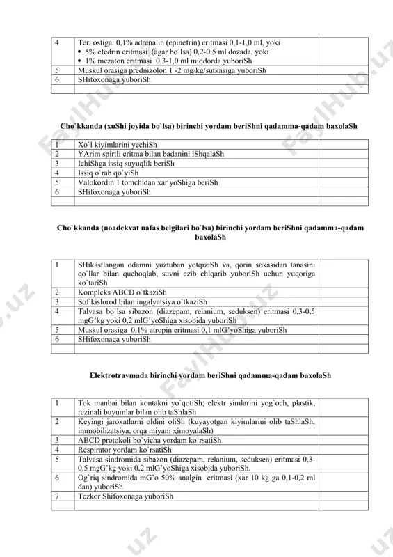 oqlarini sovuq suvda xo`llangan sochiq bilan shapatilash. 4 ta’sirlovchi vositalar (nashatir spirti, sirka) xidlating. 5 3-5 daqiqali uzoq xushdan ketish bulsa, tanani ishqalab qizdirish kerak, issik grelka ko`yish kerak, teri ostiga 10% kofein benzoat natriy eritmasidan 0,25-1 ml yuborish 6 yaqqol ifodalangan gipotoniya va bradikardiyada teri ostiga 0,1% atropin 0,25-1,0 ml miqdorda yuborish 7 xushdan ketish vaqti cho`zilib ketishi shifoxonaga yuborishni talab qiladi kollapsda birinchi yordam berishni qadamma-qadam baxolash 2. 1 bemorni gorizontal xolda oyog`i 40-50º ostida ko`tarilgan xolatda yotqizish 2 nafas yo`llarini o`tkazuvchanligini erkinligini ta’minlash, issik grelkalar qo`yish, issiq choy ichirish. 3 qon bosimini o`lchash 4 teri ostiga: 0,1% adrenalin (epinefrin) eritmasi 0,1-1,0 ml, yoki ( 5% efedrin eritmasi (agar bo`lsa) 0,2-0,5 ml dozada, yoki ( 1% mezaton eritmasi 0,3-1,0 ml miqdorda yuborish 5 muskul orasiga prednizolon 1 -2 mg/kg/sutkasiga yuborish 6 shifoxonaga yuborish cho`kkanda (xushi joyida bo`lsa) birinchi yordam berishni qadamma-qadam baxolash 3. 1 xo`l kiyimlarini yechish 2 …