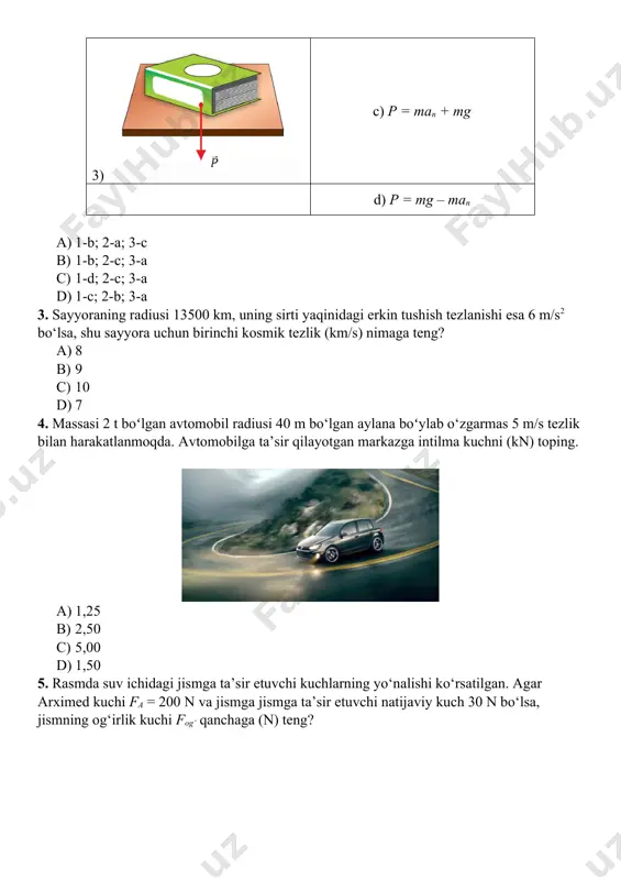 g·(sinα – µ·cosα) b) a = g·(cosα – µ·sinα) c) a = g·sinα d) a = µ·cosα 8. uzunligi 13 m, balandligi 5 m bo‘lgan qiya tekislikda massasi 26 kg bo‘lgan yuk turibdi. yuk va qiya tekislik orasidagi ishqalanish koeffitsiyenti 0,5 ga teng. yukni yuqoriga tekis tortish uchun tekislik bo‘ylab unga qanday kuch (n) qo‘yish kerak? a) 180 b) 260 c) 220 d) 200 9. ko‘chmas blok orqali o‘tkazilgan chilvirga massalari m2 = 0,3 kg va m1 = 0,2 kg bo‘lgan yuklar osilgan. chilvirning harakat vaqtidagi taranglik kuchi f ni (n) toping. g = 10 m/s2 deb oling. a) 2,4 b) 1,2 c) 4,8 d) 3,2 10. gorizontal sirtda turgan jismni sirt boʻylab yoʻnalgan tortuvchi kuch ft bilan harakatlantirganda unga quyidagi kuchlar ta’sir qiladi (rasm): bunda n – reaksiya kuchi, fishq – sirpanish ishqalanish kuchi; mg – og‘irlik kuchi. agar jism tezlanuvchan harakatlanayotgan bo‘lsa, quyida berilgan kuchlar orasidagi munosabatlardan to‘g‘rilarini …