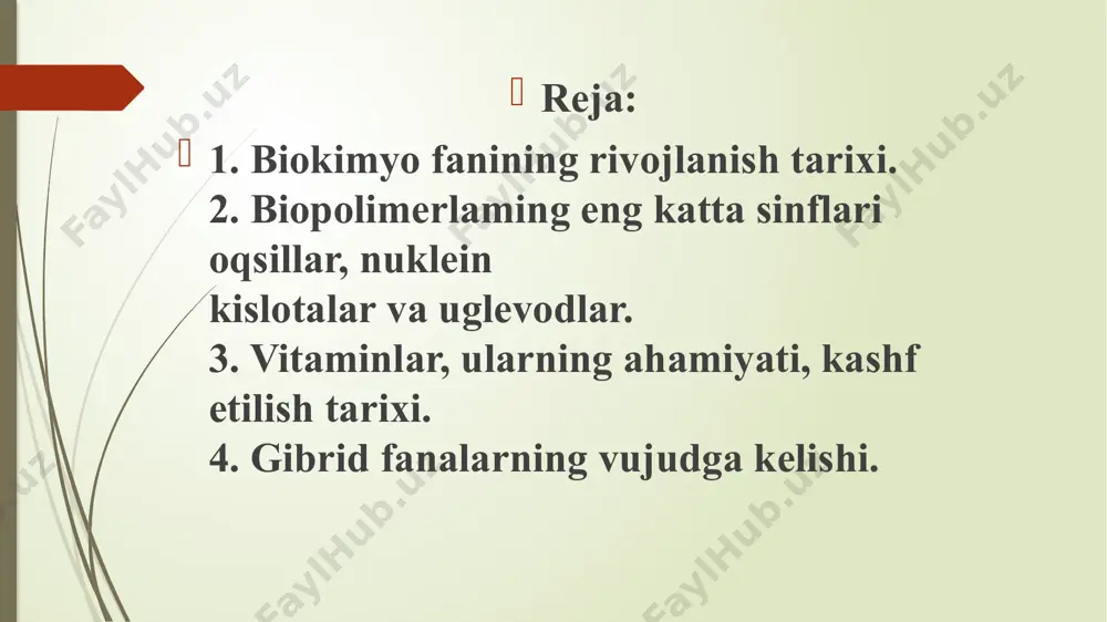arda boradigan moddalar hamda energiya almashinuvi jarayonlarini o‘rganadi. veterinariya biokimyosi hayvonlar organizmida boradigan moddalar va energiya almashinuvini ta’minlovchi biokimyoviy jarayonlarni normal va patologik holatlar bilan bog’liq holda o'rganadi. texnik biokimyo eng muhim oziq moddalarning kimyoviy tarkibini, ularni tayyorlash va saqlash bilan bog’liq bo’lgan jarayonlarni hamda biokimyoviy preparatlar ishlab chiqarish va uni sanoat miqyosida qo'llash usullarini o'rganadi. qiyosiy biokimyo har xil sistematik gruppalarga mansub organizmlarning kimyoviy tarkibini va moddalar almashinuvi jarayonlarini solishtima hamda evolyutsion usulda o‘rganish bilan shug'ullanadi. keyingi vaqtda bu bo’limdan evolyutsion biokimyo alohida bo’lib ajralib chiqqan. molekulyar biokimyo biokimyoviy protsesslar mexanizmi alohida molekulalardagi u yoki bu xildagi o’zgarishlar bilan bog’liqligini o‘rganadi. radiatsion biokimyo tirik organizmlarda iontashtiruvchi nurlanish ta’sirida sodir bo’ladigan moddalar almashinuvidagi o'zgarishlar va holatlarni hamda radiatsiyaga qarshi biokimyoviy kurash usullarini ishlab chiqish yo’llarini o‘rganadi kvant biokimyosi tirik organizmlarda eng katla biologik ahamiyatga ega bo’lgan moddalarning xossalari, xususiyatlarini funksiyalari va o‘zgarish yo’llarini, ularning elektron xarakteristikasini kvant kimyosining hisoblash yo’li …