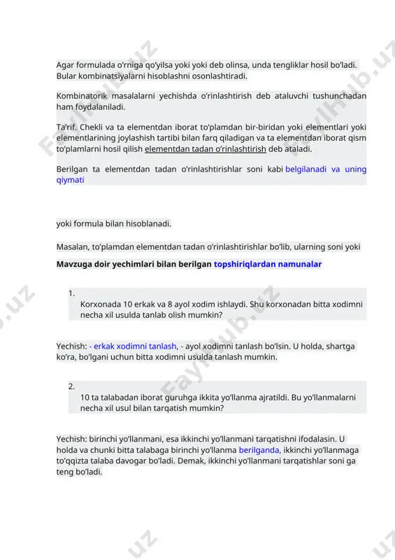 rinlashtirishlar soni kabi belgilanadi va uning qiymati yoki formula bilan hisoblanadi. masalan, to’plamdan elementdan tadan o’rinlashtirishlar bo’lib, ularning soni yoki mavzuga doir yechimlari bilan berilgan topshiriqlardan namunalar 1. korxonada 10 erkak va 8 ayol xodim ishlaydi. shu korxonadan bitta xodimni necha xil usulda tanlab olish mumkin? yechish: - erkak xodimni tanlash, - ayol xodimni tanlash bo’lsin. u holda, shartga ko’ra, bo’lgani uchun bitta xodimni usulda tanlash mumkin. 2. 10 ta talabadan iborat guruhga ikkita yo’llanma ajratildi. bu yo’llanmalarni necha xil usul bilan tarqatish mumkin? yechish: birinchi yo’llanmani, esa ikkinchi yo’llanmani tarqatishni ifodalasin. u holda va chunki bitta talabaga birinchi yo’llanma berilganda, ikkinchi yo’llanmaga to’qqizta talaba davogar bo’ladi. demak, ikkinchi yo’llanmani tarqatishlar soni ga teng bo’ladi. 3. qurilishda 10 ta suvoqchi va 8 ta bo’yoqchi ishlaydi. ulardan bir suvoqchi va bir bo’yoqchidan iborat juftlikni necha usulda tanlash mumkin? yechish: va bo’lgani uchun 4. nazoratchi korxonada ishlab chiqarilgan 5 ta maxsulot sifatini …