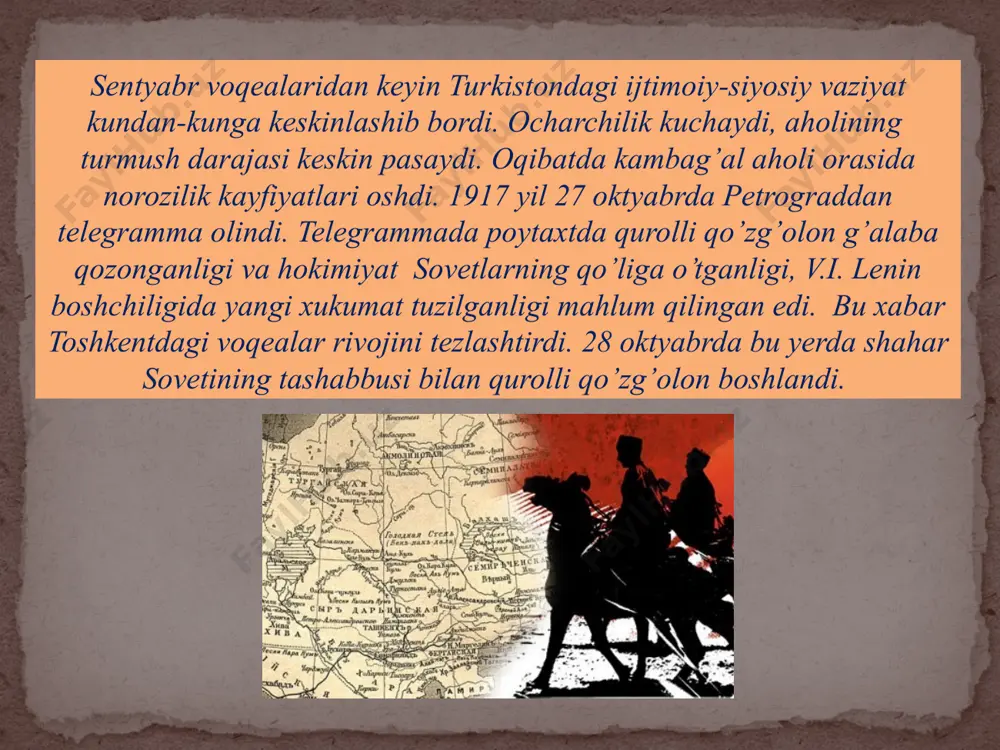 ildi. 1917 yilning deqabr oyida turkiston muxtor xukumati boshlig’i m.tanishboev istehfoga chiqdi. uning o’rniga m. cho’qaev bosh vazir etib saylandi. yangi xukumat boshlig’i keskin siyosiy vaziyatni imkon boricha sovetlar bilan muzokara olib borish yo’li bilan hal etishga harakat qildi. lekin muxtoriyatchilarning ekstremistik kayfiyatdagi bir qismi ergash qo’rboshi boshchiligida masalani qurolli yo’l bilan xal qilishga intildilar. 1918 yilning yanvarida o’lka sovetlarining ii shezdi turkiston muxtoriyatni tarqatib yuborish xaqida qaror qabul qilganidan so’ng bunday kayfiyatlar yanada kuchaydi. ergash qo’rboshi qo’shinlari qo’qonning yangi shahriga hujumlar uyushtirdilar, shahar qal’asini shturm bilan olmoqchi bo’ldilar. lekin qal’ani olish ularga nasib etmadi. shundan so’ng o’lka sovet xukumati muxtoriyatni harbiy yo’l bilan bostirishga kirishdi. general skobelev va toshkent shaharlaridan qo’qonga harbiy kuchlar yuborildi. 1918 yil 19 fevral soat 13 da qizil gvardiyachi askarlar qo’qonning eski shahrini zambaraklardan o’qqa tuta boshladilar. ertasi kuni 20 fevralda shaharga qizil askarlar kirib keldilar. bir necha kun davomida shaharda shiddatli janglar bo’lib o’tdi. …