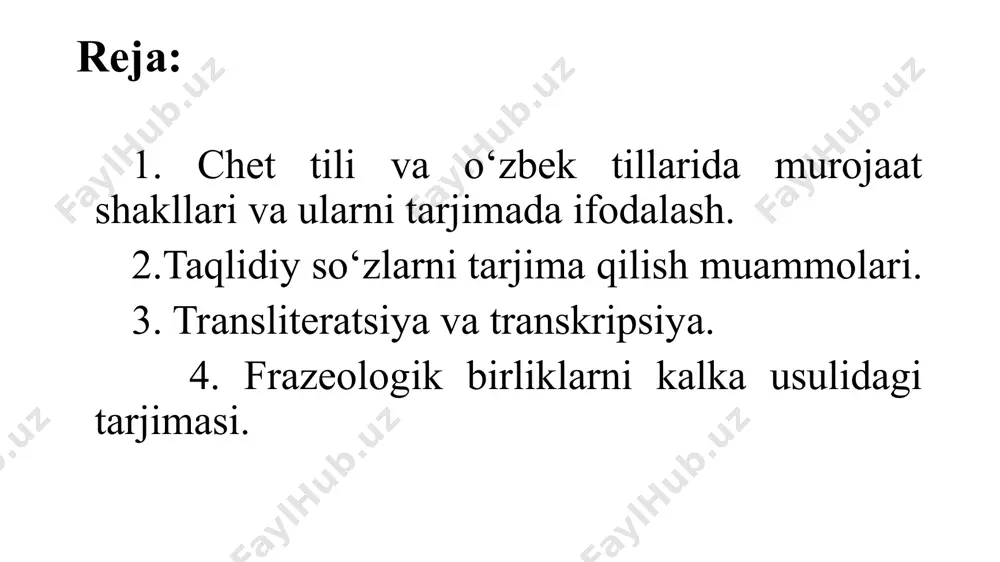 ismlari shaklan teng (qisman yoki butunlay), ba’zilarining esa muqobil varianti umuman topilmasligi mumkin. tarjimada frazeologik muvofiqliklarning asosiy turlari quyidagilar: 1) to‘liq mos kelish; 2) qisman mos kelish; 3) umuman mos kelmaslik. t o l i q m u v o f i k l i k, ya’ni ikki til frazeologik birliklarining ham shaklan, ham mazmunan to‘liq mos kelishi kamdan-kam uchraydi. masalan: to bring oil to fire. - olovga yog‘ sepmoq. - podlit maslo v ogon. to lose one's head. - gangib qolmoq. - poteryat golovu. first think then speak. - avval uyla, keyin suyla. qisman muvofiqlikdagi frazeologik birliklar o‘z ichiga leksik, grammatik farqlanishga, ammo ma’no va uslubiyatning o‘xshashligiga asoslanadi, ya’ni ular shaklan bir xil, ammo leksik tuzilishi, morfologik tartibi va uslubiy yasalishi jixatidan umuman boshqacha bulishi mumkin. leksik jixatdan qisman muvofiqlikka misollar: to get out of bed on the wrong foot. - chap yoni bilan turmoq. -vstat s levoy nogi. …