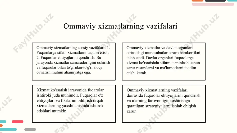 oshirish innovatsion yondashuvlar - innovatsiyalar ommaviy xizmatlar sifatini yaxshilashda muhim rol o'ynaydi. - raqamli texnologiyalar, jumladan, elektron xizmatlar, mobil ilovalar va onlayn platformalar orqali foydalanuvchilarga tezkor va samarali xizmat ko'rsatish imkonini beradi. - muvaffaqiyatli loyihalarga misol sifatida, elektron hukumat xizmatlari orqali fuqarolar uchun xizmat ko'rsatish jarayoni soddalashtirilgan, bu esa xizmatlarning tezligi va samaradorligini oshiradi. - innovatsion yondashuvlar, shuningdek, xizmatlar ko'rsatishda shaffoflikni va foydalanuvchilar bilan aloqani yaxshilaydi. * resurslardan samarali foydalanish boshqaruvning asosiy tamoyillari: ochiqlik va hisobdorlik. ochiqlik davlat xizmatlarining shaffofligini oshiradi, hisobdorlik esa resurslarni to'g'ri taqsimlashni nazorat qiladi. resurslarni optimallashtirish: insoniy, moliyaviy va material resurslarini samarali boshqarish. bu iqtisodiy samaradorlikni oshirib, davlat xizmatlarining sifatini yaxshilaydi. xizmat ko'rsatish sifatini oshirish sifatni boshqarish tizimlari, masalan, iso standartlari, xizmat ko'rsatishni yaxshilashda muhimdir. ular sifatni nazorat qilish va oshirishga yordam beradi. mijozlar fikrlarini inobatga olish, so'rovlar va tahlillar orqali amalga oshiriladi. bu jarayon xizmatning sifatini oshirishda katta ahamiyatga ega. xizmatlar sifatini baholash uchun turli …