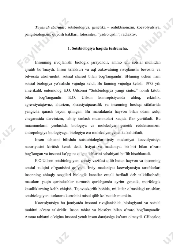 ologiyani va sotsial muhitni o’zaro ta’siridir. inson tabiat va biosfera bilan o’zaro bog’langandir. ammo tabiatni o’zigina insonni yetuk inson darajasiga ko’tara olmaydi. chaqaloq bola yetuk inson bo’lishi uchun albatta boshqa insonlar bilan muloqotda bo’lishi kerak. xulosa qilib aytganda, insonni rivojlanishida pangibiologizm va pansotsiologizm oqimlaridan o’laroq inson va tabiat, biologik jarayonlarni bir butun deb qarash kerak. 2. quyosh sikllari va inson sog’ligi. a.a. chijevskiy 500 yil mobaynida bo’lgan gripp kasalligini epidemiyasini tekshirib, quyosh faolligi bilan taqqoslab, 11,3 yil bilan takrorlanishni aniqlandi. a.a. chijevskiy rossiyada 1902-1924 yillarda xolera kasalligi bilan og’riganlar soni bilan quyosh faolligini solishtirib olingan natijalarga ko’ra, quyosh radiatsiyasi oqimi, magnit maydon kuchlanganligi yuqori bo’lib, yerda har hil kasalliklarni, jumladan xolera kasali epidemiyasini keng tarqalishiga sababchi bo’lishini aniqlaydi. quyoshda, kosmosda bo’ladigan termoyadro reaktsiyalarining faolligi yerdagi magnit maydon kuchlanganligini o’zgartirib, yerdagi bo’ladigan kasalliklar, har xil ofatlar va ekologik o’zgarishlarni keltirib chiqarmoqda, bu esa insonlar kayfiyatiga, ya’ni inson ekologiyasiga salbiy ta’sir etmoqda. …