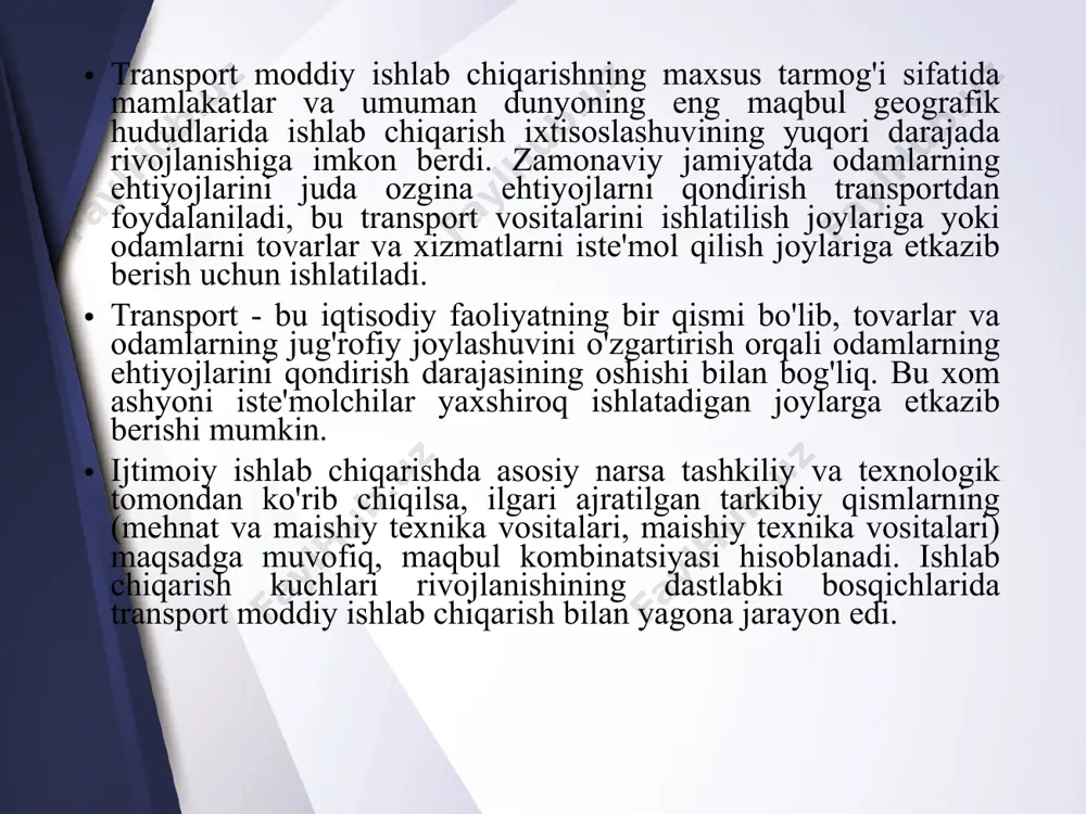 u boshqa transport turlari bilan raqobatga bardosh bermaydi va amaliy ravishda mineral qurilish materiallarini tashish uchun mo'ljallangan texnologik transport turiga aylandi. quvur transporti, yuqorida tavsiflangan universal transport turlaridan farqli o'laroq, cheklangan doiradagi suyuq va gazli mahsulotlarni uzoq masofaga haydash uchun mo'ljallangan yuqori ixtisoslashgan bo'lib qolmoqda. o'z funktsiyalariga ko'ra, havo transporti ham juda ixtisoslashgan: u asosan uzoq va o'rta masofalarga yo'lovchilar tashishni amalga oshiradi, garchi u bir qator qimmatbaho, tez buziladigan tezkor yuklarni tashishda katta ahamiyatga ega bo'lsa. umumjahon transport turlari o'rtasidagi yuk aylanmasi bo'yicha etakchi o'rin temir yo'lga to'g'ri keladi - 32,4%, avtomobil, dengiz va daryo transporti yuk aylanmasining 16% dan kamrog'ini tashkil qiladi. so'nggi o'n yilliklarda umumiy yuk aylanmasida temir yo'l va daryo transportining ulushi pasaymoqda. shu bilan birga, yuqori ixtisoslashtirilgan quvur transportining ulushi doimiy ravishda o'sib bormoqda va hozirgi vaqtda 52,5 foizni tashkil etmoqda. yuk aylanmasida havo transportining ulushi juda oz. tashilgan yuklar hajmida etakchi o'rinni avtomobil transporti …