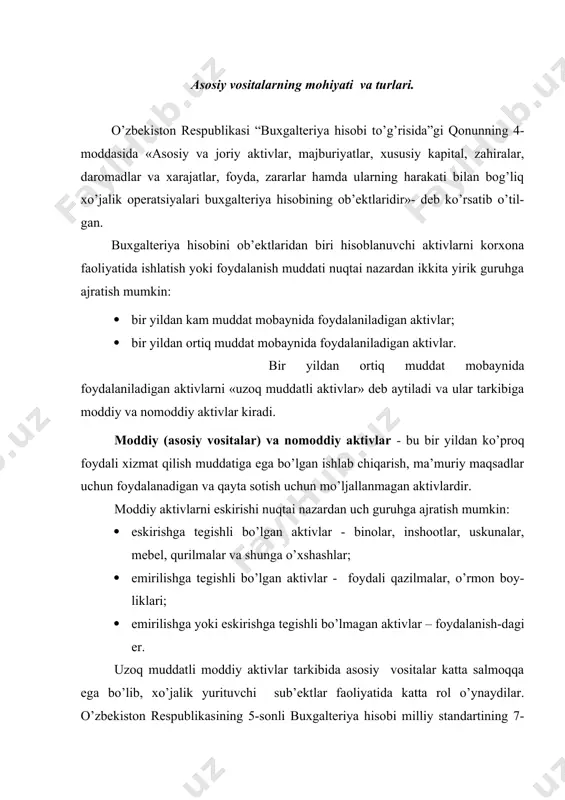 rol o’ynaydilar. o’zbekiston respublikasining 5-sonli buxgalteriya hisobi milliy standartining 7-bandida asosiy vositalarga quyidagicha ta’rif berilgan: «asosiy vositalar - moddiy ishlab chiqarish va noishlab chiqarish sohalarida uzoq (bir yildan ortiq) muddat davomida foydalaniladigan hamda ijaraga berish uchun mo’ljallangan moddiy aktivlardir». berilgan ta’rifga ko’ra, asosiy vositalarning asosiy xususiyatlari - korxonalar faoliyatida uzoq muddat mobaynida foydalanishi yoki ijaraga be-rilishidir. shuningdek, ularning yana boshqa xususiyatlari – xizmat muddati mo-baynida o’zini natural-buyum shaklini saqlab qolishi va o’z qiymatini sekin-asta eskirish tariqasida chiqarib borishidir. asosiy vositalar tarkibi, xizmat muddati, qiymati va boshqa bir qator ji-hatlari bo’yicha turlicha bo’lishi ularni hisobga olishda ham bir qator muammo-larni yuzaga keltiradi. asosiy vositalarning foydali xizmat qilish muddati davomida davriy es-kirish hisoblab boriladi. bir qator asosiy vositalarning barcha qiymati eski-rish yo’li bilan hisobdan chiqarib borilsa, boshqa bir turdagi asosiy vosi-talarning tugatish qiymatidan qolgan qismi eskirish tariqasida hisobdan chiqarib boriladi. asosiy vositalarni hisobga olishda e’tibor beriladigan yana bir masala bu ularning qaysi …