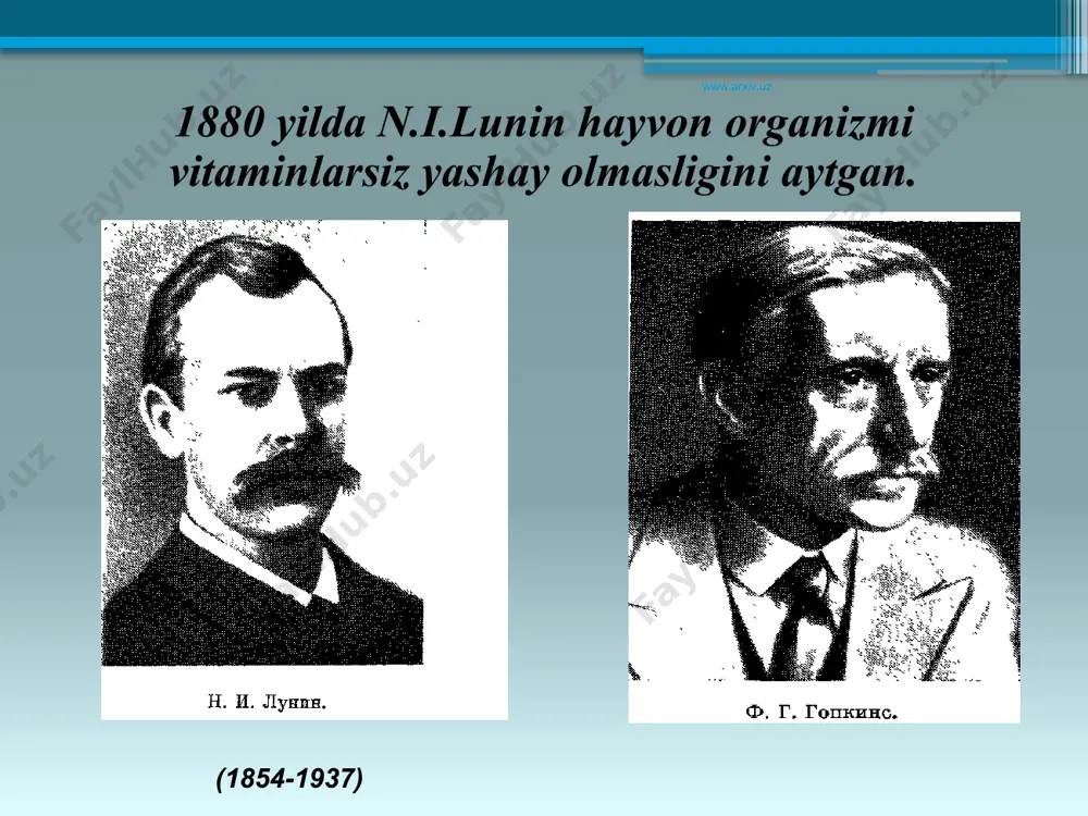 ta'siri ancha kuchsiz. www.arxiv.uz suvda eruvchi vitaminlar saqlovchi dorivor o’simliklar tahlili askorbin kislotani sifat reaktsiyasi yordamida aniqlash etilatsetat - konts. sirka kislotaning 80:20 2,6-dixlorfenolindofe-nolyat natriyning suvdagi 0,04% li (yoki 0,001n) eritmasi purkaladi. www.arxiv.uz yog’larda eriydigan vitaminlar vitamin a faqat hayvonlarda bo’ladi, o’simliklarda esa hayvon organizmida parchalanib, vitamin a ga aylanadigan birikmalar (provitamin a) karotinlar saqlanadi. karotinlar har xil bo’lib kimyoviy tomonidan bir-biriga yaqin bo’ladi. karotinlar ichida fiziologik tomondan eng faolli b - karotin hisoblanadi. www.arxiv.uz 1881 yilda vakenroder karotinni sabzidan ajratib olgan. 1906 yilda vilshtetter β-karotinni kimyoviy tuzilishini aniqladi. www.arxiv.uz karotin 3 ta izomer holatida uchraydi: l,β,γ. www.arxiv.uz vitamin d eggocalciferolum –vit d2 nolaecalciferolum - vit d3 bu moddalar baliq moyi, sariyog’,jigar, o’simlik moylarida uchraydi ergocalciferol va holecalciferol – rangsiz, hidsiz kristall kukun. suvda erimaydi. efir, spirt va hloroformda oson eriydi, optik faol . yorug’lik nuri va havo kislorodi ta’sirida tez o’zgaradi. www.arxiv.uz vitamin e – (nasl qoldirish) 7 hil …