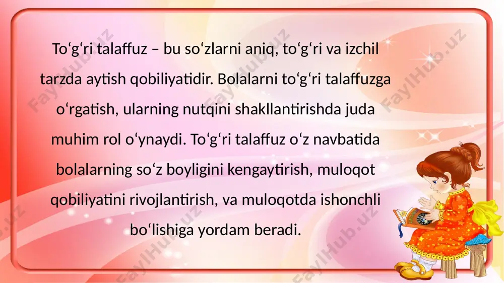lalar tovushlarni eshitish va ajratib olishni o‘rganadilar. bu bosqichni o‘tgan bolalar tovushlarni farqlay olishadi, ya'ni bir-biridan farqli tovushlarni ajrata olishadi. 2. tovushlarni to‘g‘ri talaffuz qilish bosqichi: bu bosqichda bolalar har bir tovushni aniq, to‘g‘ri va sifatli talaffuz qilishni o‘rganadilar. 3. so‘zning talaffuzini yaxshilash bosqichi (eslatma va takrorlash bosqichi): bu bosqichda bolalar o‘rgangan tovushlarni birlashtirib, so‘zlar va iboralarni to‘g‘ri talaffuz qilishni o‘rganadilar. 4. intonatsiya va urg‘u qo‘yishni o‘rgatish bosqichi: bu bosqichda bolalar nafaqat tovushlarni, balki to‘g‘ri intonatsiya va urg‘uni qo‘yishni ham o‘rganadilar. to‘g‘ri intonatsiya bolalarga nutqning ma'nosini aniq ifodalashda yordam beradi. 5. yangi so‘zlarni talaffuz qilishni o‘rgatish bosqichi: bu bosqichda bolalar yangi so‘zlarni to‘g‘ri talaffuz qilishni o‘rganadilar. yangi so‘zlarni talaffuz qilishda yuqorida o‘rganilgan barcha talaffuz qoidalarini qo‘llash zarur. 6. kundalik muloqotda talaffuzni rivojlantirish: bolalar kundalik muloqotda o‘rgangan talaffuzni ishlatishlari kerak. ularni bu jarayonda mustahkamlash va o‘rganganlarini amalda qo‘llash zarur. bolalarni to‘g‘ri talaffuzga o‘rgatishning asosiy bosqichlari - bu bolalarning nutq madaniyatini shakllantirishda …