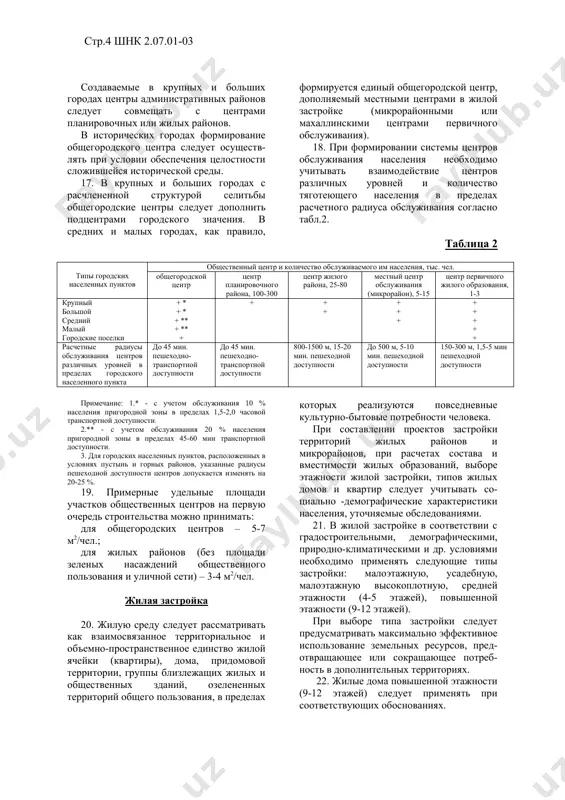 общественного пользования, а также питомники и санитарно-защитные зоны. в пределах указанных территорий выделяются зоны различного функционального назначения: жилой застройки, общественных центров, промышленные и коммунально-складские, научные и научно-производственные, внешнего транспорта, массового отдыха и курортные, охраняемых ландшафтов и т.д. 12. планировочную структуру городских и сельских населенных пунктов следует формировать, обеспечивая компактное размещение и взаимосвязь функциональ-ных зон, рациональное структурирование территории, эффективное использование территории в зависимости от ее градостроительной ценности, комплексный учет архитектурно-градостроительных традиций, природно-климатических, ландшафтных, национально-бытовых и других местных особенностей, охрану окружающей среды, объектов культурного наследия. 13. для каждого сельхозпредприятия и сельского схода граждан следует разрабатывать проект планирования и развития их территорий согласно кмк 2.07.04-98 «архитектурно-планировочная организация территории сельскохозяй-ственных предприятий». ш. селитебные территории городских населенных пунктов планировочная структура 14. планировочную структуру селитебной территории городских населенных пунктов следует формировать с учетом взаимосвязанного размещения зон общественных центров, жилой застройки, улично-дорожной сети, озелененных территориях общего пользования, мест приложения труда, а также в увязке с планировочной структурой …