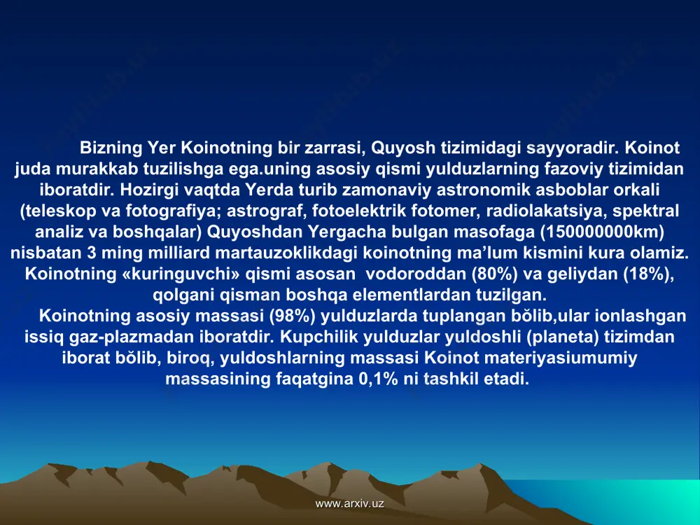 aganlar vaular buyicha kataloglar tuzganlar. www.arxiv.uz www.arxiv.uz yulduzlar yermizdan juda katta olis masofada turadilar. agarda quyoshdan yergacha bŏlgan oralik masofani yoruglik 8 minutu 20 sekundda bosib ŏtsa,u holda yerga yakin bulgan tsentavr turkumidagi proksima yulduzidan yoruglik yerga 4 yilu 3 oyda etib keladi. boshka yulduzlardan esa yanada kechrok ya’ni yuz million va hatto bir necha milliard yildan sung yoruglik yerimizga etib kelar ekan. kuyoshning «chekkasi»da 15 yoruglik yili radiusida fakat 43 ta yulduz borligi aniklangan. www.arxiv.uz www.arxiv.uz quyosh sistemasi (tizimi) juda katta yulduzlar tizimini tashkil etgan galaktikaga (bizning galaktika) kiradi. tungi ochik havoda galaktikamizdagi yulduzlarning juda katta tuplamini kuramiz.uni «samon yuli» deb nomlanadi. «samon yulida»gi yulduzlar-bizning (juda yassi) galaktikamizning asosiy kismidir. «samon yuli» - osmonda bizga kurinib turgan yulduzlarning ravshan halkasidir. hozirgi davrgacha 21- yulduz kattaligigacha bulgan har bir kattalikdagi yulduzlarning soni hisoblab chikilgan. bular 2h109 yulduzni tashkil etadi. albatta, bu bizning yulduzlar sistemamizdagi – galaktikadagi yulduzlarning hammasi emas. www.arxiv.uz …