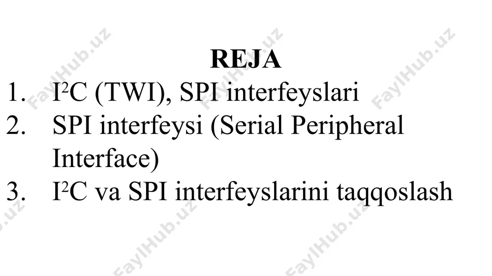 asosan mikrokontroller, sensorlar, displeylar, xotiralar va boshqa turdagi periferiya qurilmalarini bir-biriga ulash uchun ishlatiladi. i²c bilan solishtirganda, spi tezlik va moslashuvchanlik nuqtai nazaridan ustunlikka ega. spi interfeysi – bu yuqori tezlikda ma'lumot uzatishni talab qiladigan mikrokontroller tizimlari uchun ideal tanlov bo‘lib, ayniqsa, real vaqt tizimlarida tezkor va barqaror ulanishni ta'minlaydi. spi interfeysining asosiy komponentlari: spi interfeysida to'rtta asosiy signal liniyasi mavjud: miso (master in slave out) – slave qurilmasidan master qurilmasiga ma’lumotlarni uzatish. mosi (master out slave in) – master qurilmasidan slave qurilmasiga ma’lumotlarni uzatish. sck (serial clock) – master qurilmasi tomonidan yaratilgan vaqt signali, barcha qurilmalar ma’lumotlarni shu signal asosida sinxronlashtiradi. ss (slave select) – qaysi slave qurilma bilan muloqot qilish kerakligini aniqlash uchun ishlatiladi. har bir slave qurilma uchun alohida ss liniyasi bo'lishi mumkin. spi interfeysining kengaytmalari: spi interfeysi o'zining yuqori tezligi va oddiyligi sababli turli sohalarda kengaytirilgan va maxsus variantlar hosil qilingan. quyida ba’zi kengaytmalari bilan tanishib …