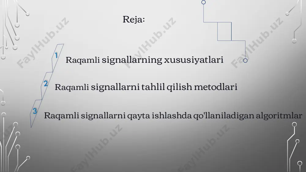 bu signallar haqida umumiy ma'lumot olishga yordam beradi. 5 raqamli signallarni tahlil qilishda qo'llaniladigan dasturiy ta'minotlar matlab raqamli signallarni tahlil qilish uchun keng qo'llaniladigan dasturiy ta'minot. u kuchli funktsiyalar va vizualizatsiya vositalariga ega. python ushbu dasturlash tili o'zining turli kutubxonalari orqali raqamli signalni qayta ishlashga yordam beradi. jupyter notebooklarni ishlatish mumkin. labview grafik dasturlash tili, u ko'pgina boshqaruv tizimlari va ilmiy tadqiqotlarda qo'llaniladi. signallarni vizual ravishda qayta ishlashga yordam beradi. 6 raqamli signallarni qayta ishlash usullari 1 shovqinni bartaraf etish raqamli signallardagi nojo'ya shovqinlarni bartaraf etish. filtrlash, o'rtacha hisoblash va boshqa usullar qo'llaniladi. 2 signallarni qayta shakllantirish signallarni kerakli shaklga keltirish. masalan, signallarning chastotasi yoki amplitudasi o'zgartirilishi mumkin. 3 signallarni siqish signallar hajmini kamaytirish. bu signallarni saqlash va uzatishni osonlashtiradi. 4 signallarni tahlil qilish qayta ishlangan signallarning ma'lumotlarini o'rganish va chiqishlarni bashorat qilish. bu turli sohalarda qo'llanilishi mumkin. 7 raqamli signallarni qayta ishlashda qo'llaniladigan algoritmlar adaptive filters vaqt o'tishi bilan …