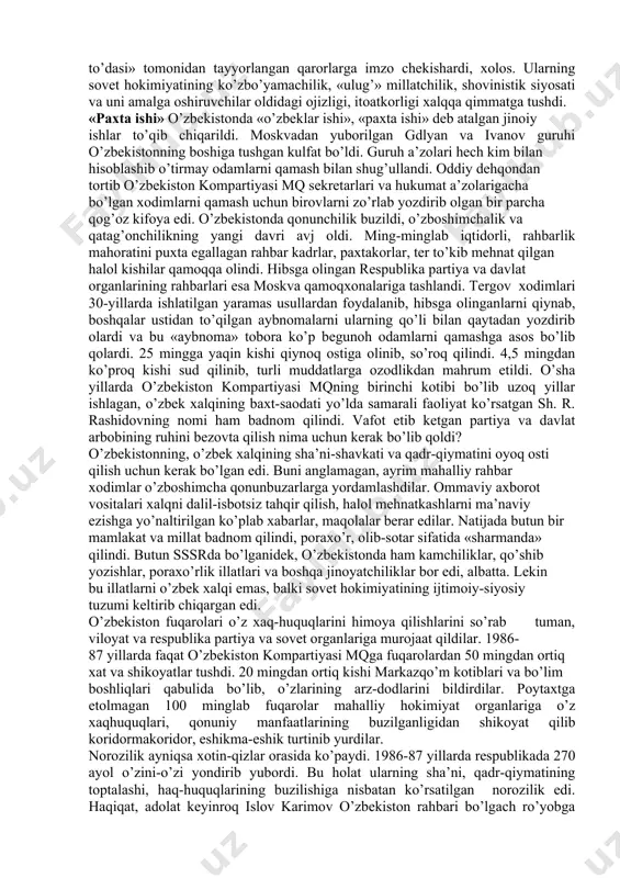 oziladigan, gapiriladigan bo’ldi. «qayta qurish» siyosati davrida iqtisodiyotda juda kuchli buzilishlar ro’y berdi. markaz «qayta qurish»ning ilmiy va nazariy jihatdan puxta va aniqravshan dasturini ishlab chiqolmadi. iqtisodiy siyosat puxta o’ylab ko’rilmagan sinov va eksprimentlarga asoslangan edi. mamlakat sinovlar va xatolar bilan siljib bordi. mamlakat imkoniyatlarini hisobga olmasdan xalq xo’jaligining barcha sohalarini bir vaqtning o’zida rivojlantirishdan iborat noto’g’ri yo’l tutildi. «bu hol,-deb yozadi i.karimov o’zining «o’zbekiston – bozor munosabatlariga o’tishning o’ziga xos yo’li» asarida, -pirovard natijada,cheklangan mablag’larning parokanda bo’lib ketishiga, moliya va ta’minot tizimining batamom izdan chiqishiga olib keldi, inqirozni chuqurlashtirdi». sobiq sovet rahbariyati mamlakatni tanglikdan, inqirozdan chiqarish uchun ma’muriy-buyruqbozlik tizimidan, hamma resurslarni markazlashtirilgan tarzda rejalashtirish asosida boshqarish va taqsimlash yo’lidan tartibga solinadigan bozor iqtisodiyotiga o’tish kerakligini o’z vaqtida payqamadi, juda kech tushundi. 1990 yilga kelganda bozor iqtisodiyotiga o’tish zaruriyati anglandi, dasturlar tuzildi, qarorlar qabul qilindi. biroq vaqt boy berilgan edi. iqtisodiyot batamom barbod bo’lgan, moliyaviy va narx-navo tizimi izdan chiqqan, …