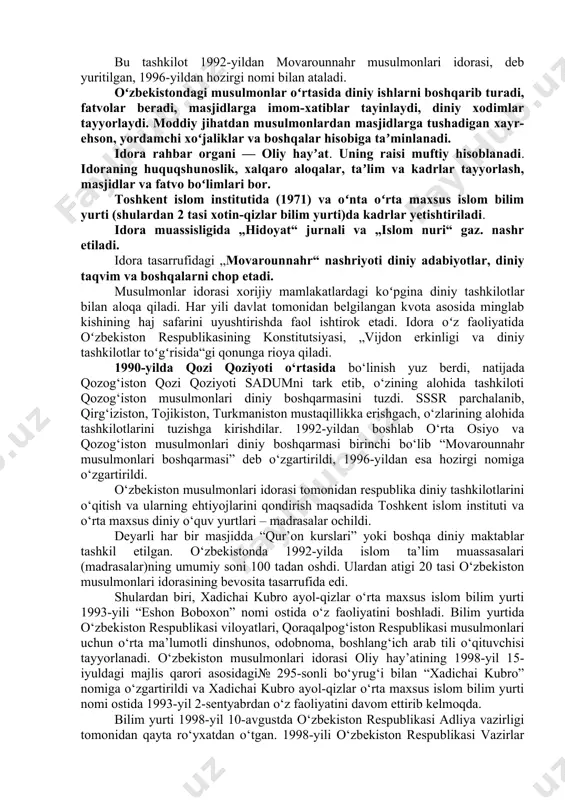 gatilishi, ruhoniylarning shafqatsiz qatag’on qilinish davri hisoblanib, jamiyatning ma’naviy asoslariga dindorlar va ulamolarga uzoq davrgacha o‘zlarini tiklay olmaslik zarbasini berdi. 1941 yilda boshlangan urush tufayli tarixiy vaziyatning o‘zgarishi, dindorlarga bir qadar huquqiy erkinliklar berilishi, diniy tashkilot va muassasalarni davlat tomonidan to‘la nazorat ostiga olish bilan bog‘lik maxsus tashkilotlar tuzilishi jarayoni kechdi.ikkinchi jaxon urushi yillarida sovet hokimiyatining diniy siyosatida «yumshoqlik» bosqichiga o’tildi. front ortini mustahkamlash, butun kuch-qudrat va imkoniyatlarni fashizm ustidan qozonilajak g‘alabaga safarbar qilish zarurati daxriy hukumatdan shunday yo‘l tutishni taqozo qildi. bu o‘rinda xalqning moddiy jixatdan ahvoli og’irligi, diniy ulamolar va ruxoniylarning jamiyat a’zolarini jipslashtira olishdagi mavqei kabi omillar xisobga olindi. aholining diniy tuyg‘ulari bilan hisoblashish, istak-umidlarining amalga oshuviga ozgina bo‘lsa-da imkoniyat yaratish, xalqning yagona maqsadga, fashizmga qarshi kurashda jipslashuviga xizmat qildi. sovet davrida birinchidan, sovet hukumatining islom diniga munosabatining moxiyatini ochib berish; sovet hukumati va bolsheviklar tomonidan dinga nisbatan olib borilgan ta’ziyq va taqiblar natijasida dinni cheklashga, har …