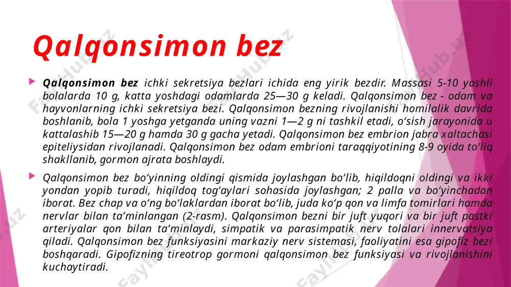 li odamlarda 0,5-0,6g bo’ladi. bu bez qon tomirlari orqali bosh miya gipolalamusi bilan bog’langan. gipofiz gormonlari ko‘pchilik endokrin bezlariga ta’sir ko‘rsatadi. bezning somatotrop gormoni bo‘y o‘sishiga ta’sir qiladi. yosh bolalarda bu gormon ko‘p ishlab chiqarila boshlansa bo‘y o‘sib, gigantizm, kamroq ishlab chiqarilsa nanizm kelib chiqadi. katta yoshdagi odamlarda bu gormonning ko‘p ishlab chiqarilishi panja suyaklarining yo‘g‘onlashib, til va burun tez o‘sishi, ya’ni akromegaliyaga olib keladi. bezning adrenokortikoid gormoni buyrakusti bezi, tireotrop gormoni qalqonsimon bez, gonadotrop gormoni jinsiy bezlar ishini boshqaradi. 2. gipofiz bezi a - gipotalamusning tuzilishi: 1 - oldingi bo‘lagi, 2- o‘rta bo’lagi, 3 - keyingj bo'lagi; b - bosh miyada sekretsiya bezlarining joylashuvi: 4 - bosh miya yarimsharlari, 5 - epifiz, 6 - gipotalamus, 7 - gipofiz, 8 - oraliq miya. 1. o'sish gormoni-somatotrop gormoni gigantizm 1. o'sish gormoni-somatotrop gormoni nanizm akromegaliya epifiz bezi o‘rta miyada joylashgan. bez ishlab chiqaradigan melatonin gor­moni organizmda pigment almashinuviga ta’sir ko‘rsatadi. epifiz …