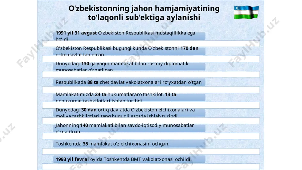 r bilan keng aloqani o‘rnatish ichki milliy qonunlardan xalqaro huquq normalarining ustuvorligini tan olish ham ikki tomonlama ham ko‘p tomonlama tashqi aloqalarni o‘rnatish, xalqaro xamkorlikni kuchaytirish o‘zbekiston respublikasi tashqi diplomatik aloqalarda amalga oshirilayotgan demokratik siyosatining asosiy tamoyillari mafkuraviy qarashlardan qat'iy nazar, hamkorlik uchun ochiqlik, umuminsoniy qadriyatlarga, tinchlik va xavfsizlikni saqlashga sodiqlik davlatlarning suveren tengligi va chegaralar daxlsizligini hurmat qilish nizolarni tinch yo‘l bilan hal etish kuch ishlatmaslik va kuch bilan tahdid qilmaslik inson huquqlari va erkinliklarini hurmatlash ichki milliy qonunlar va huquqiy normalardan xalqaro huquqning umume'tirof etilgan qoidalari va normalarining ustuvorligi tajovuzkor harbiy bloklar va uyushmalarga kirmaslik davlatlararo aloqalarda teng huquqlilik va o‘zaro manfaatdorlik ustunligi tashqi aloqalarni ham ikki tomonlama, ham ko‘p tomonlama kelishuvlar asosida rivojlantirish, bir davlat bilan yaqinlashish hisobiga boshqasidan uzoqlashmaslik va boshqalar yagona iqtisodiy makon yagona iqtisodiy makon tashkil etish haqida imzolangan shartnoma markaziy osiyo integratsiyasi yo‘lidagi ilk qadam bo‘lgan edi. hozirgacha o‘zaro hamkorlik haqida 150 dan …